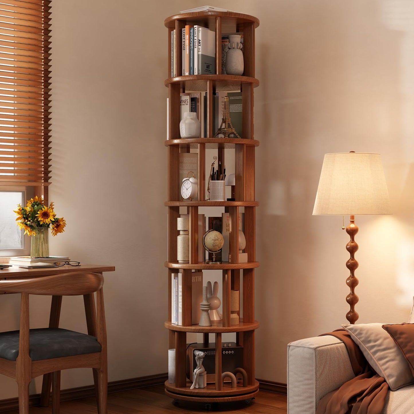 Muwuele 6 Tier Rotating Bookshelf Tower, Solid Wood Bookshelf on Wheels, Circular Book Shelf Rotating, Revolving Bookcase for Small Spaces, Corner Book Case, Spinning Book Shelf for Bedroom, Walnut
