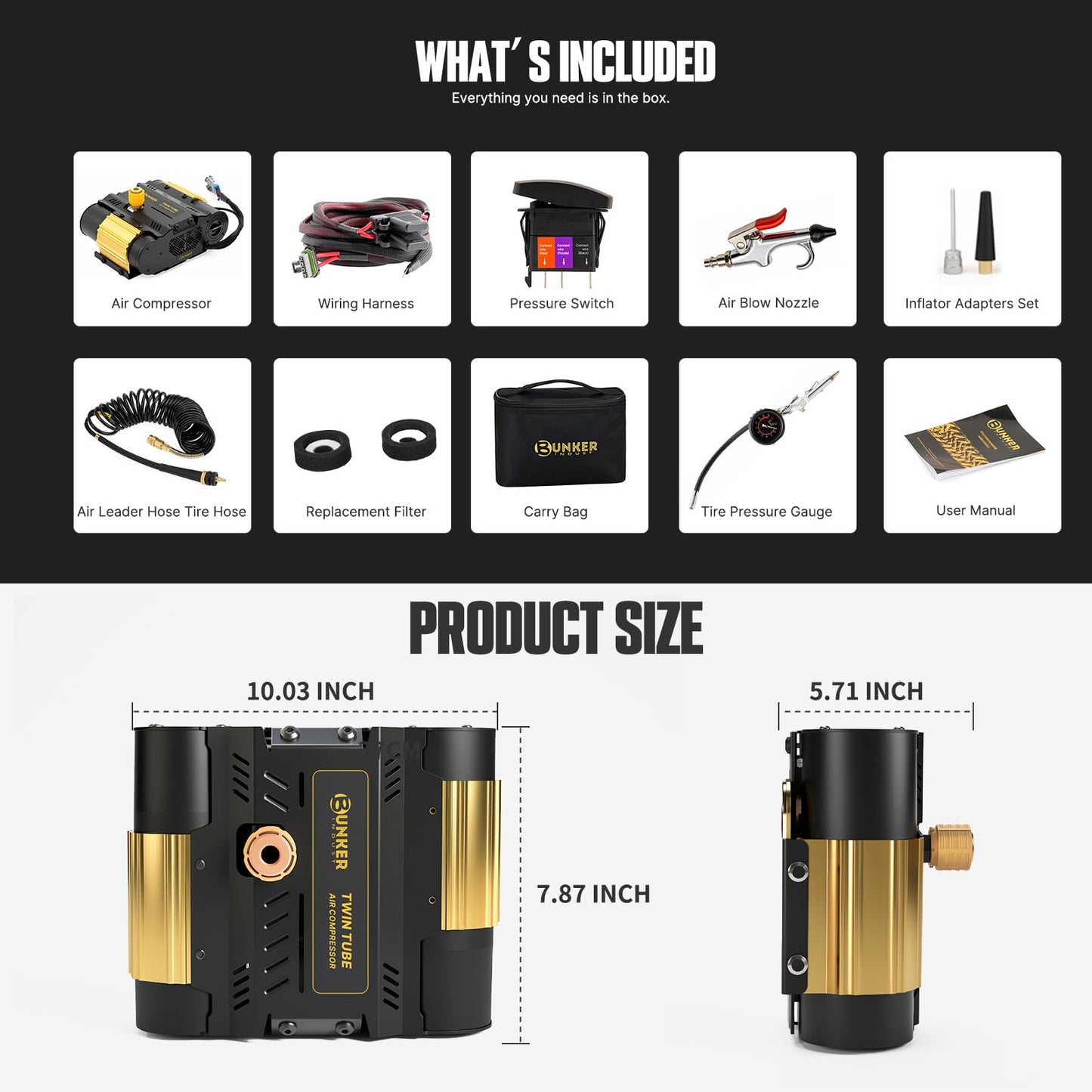 BUNKER INDUST 12V Twin Motor Air Compressor Offroad On-Board Air Pump Tire Inflator with Pressure Gauge Max 150 PSI for 4x4 Vehicle Tires
