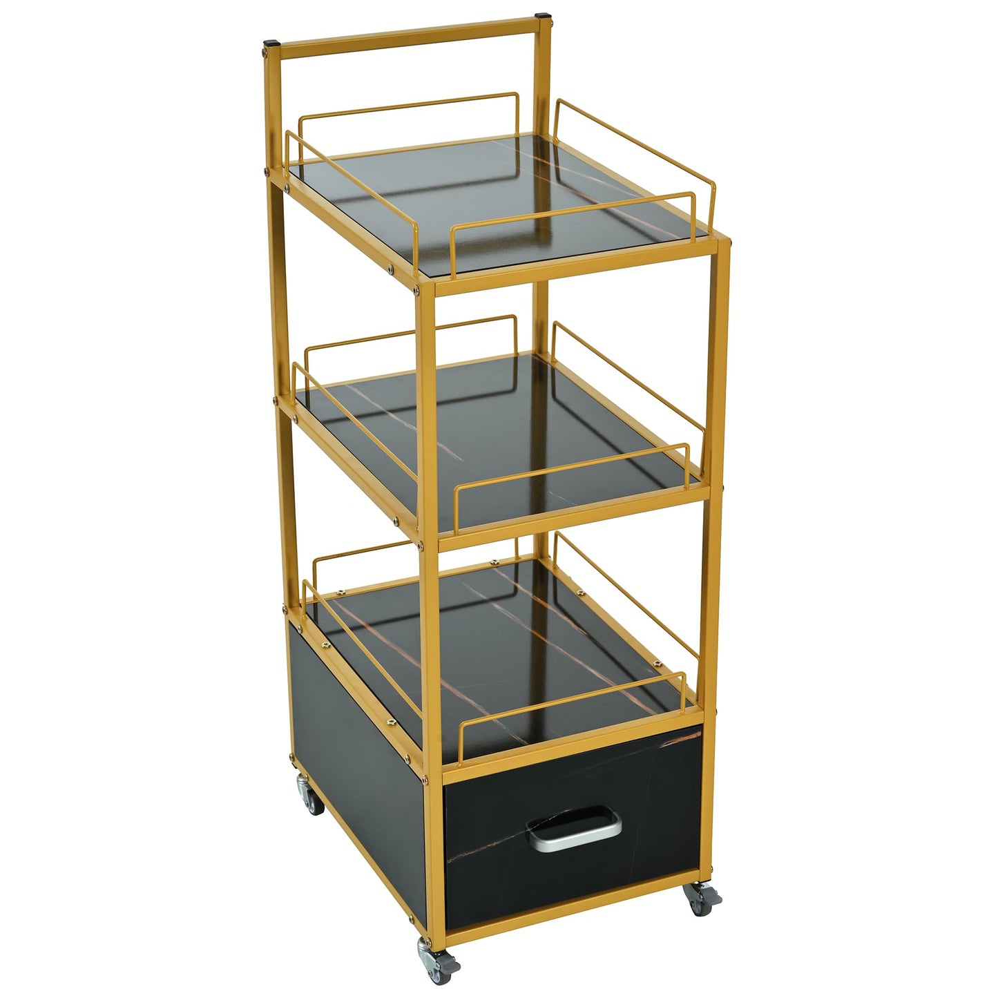 Beauty Salon Cart with Lockable Wheels 3-Tier Rolling Makeup Cart Organizer Esthetician Cart with Drawer Marbled Board for Nail Skincare and Barber Supplies Black and Gold