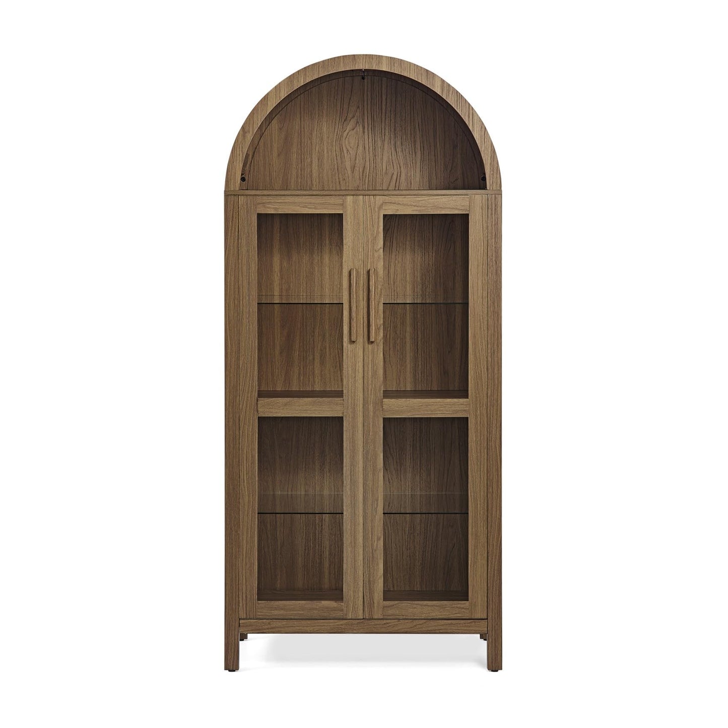 KEIKI 67" H Arched Display Storage Cabinet with Glass Doors, Adjustable Glass Shelf & LED Lights, Wood Retro-Style Curio China Collectibles Book Case Shelves Bookcase for Living Room, Home Office