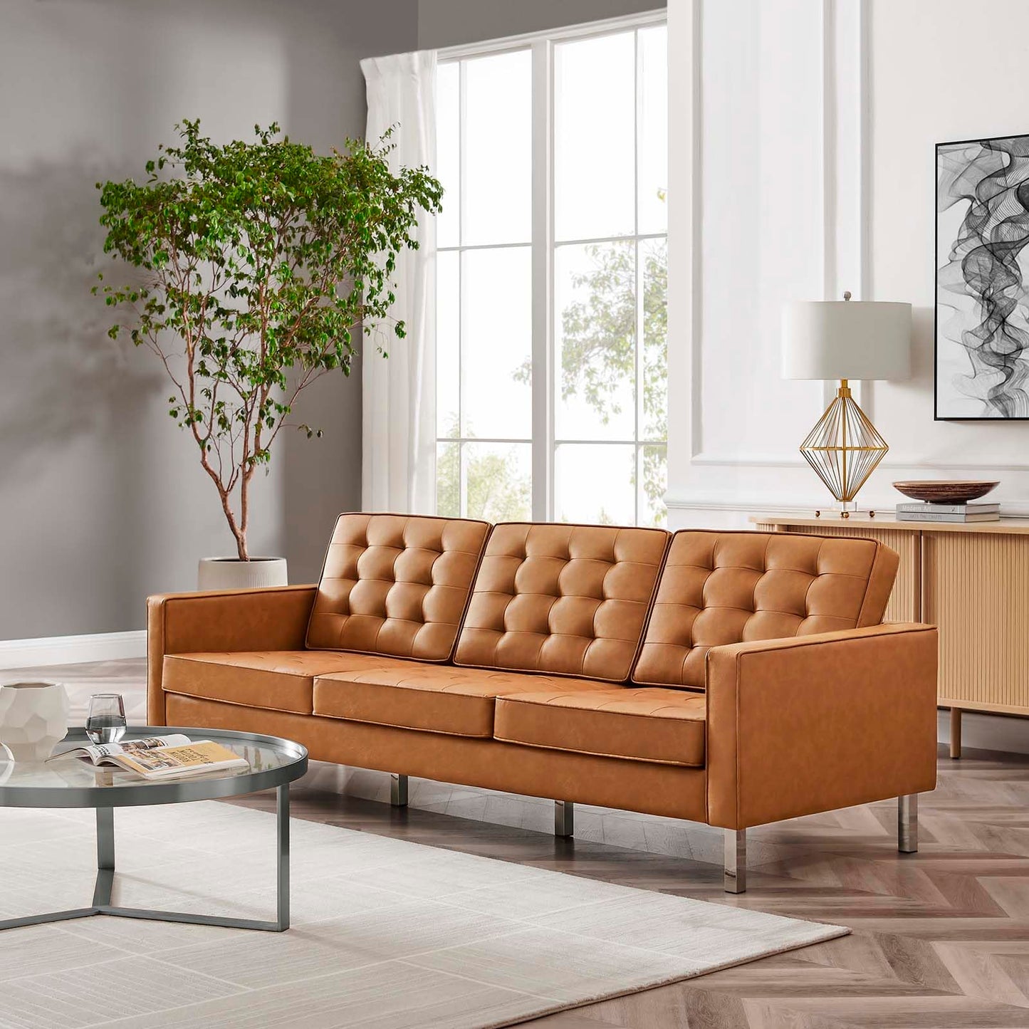 Modway Loft Tufted Button Faux Leather Upholstered Sofa in Silver Tan