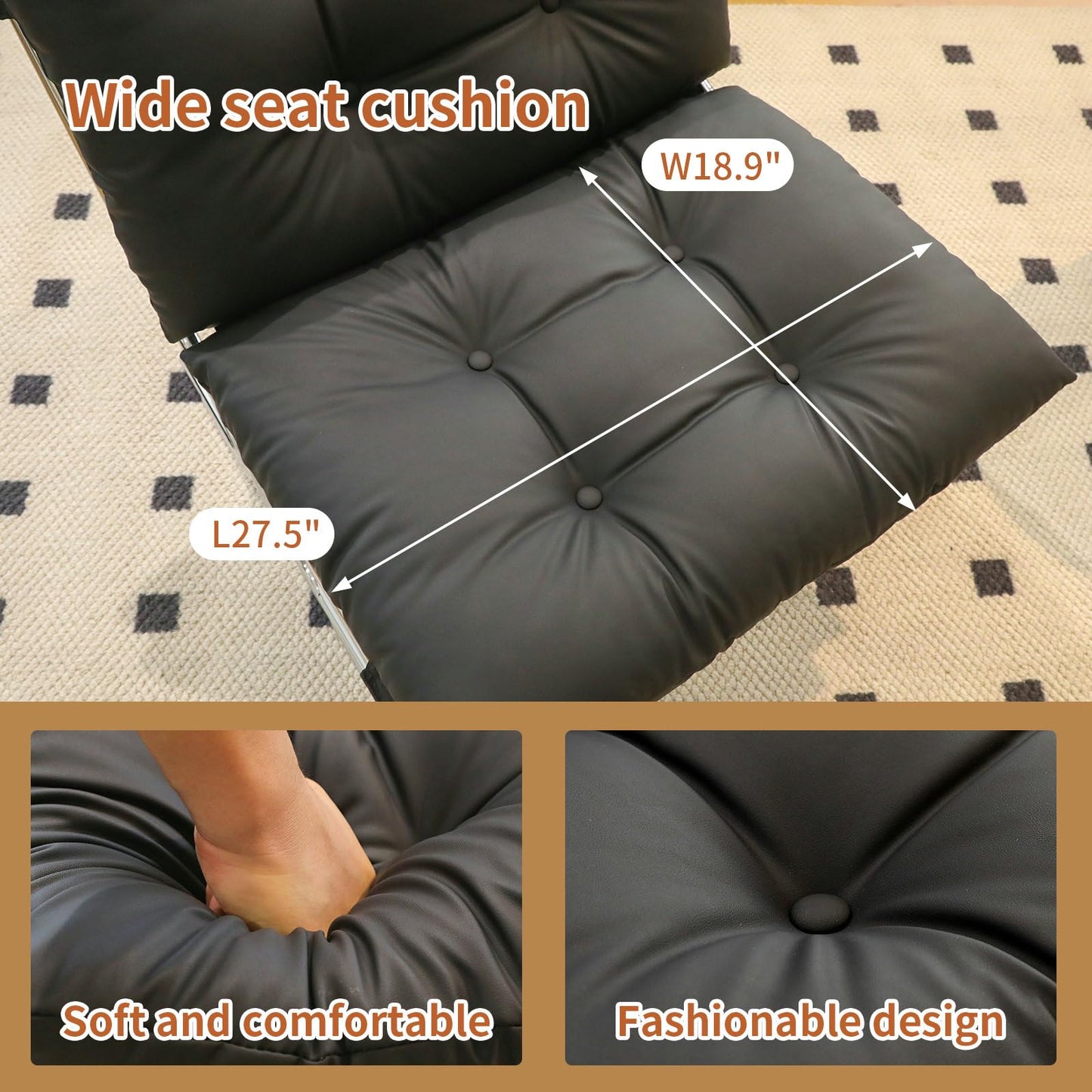 Modern Accent Chair Upholstered Lounge Chair with Chrome Metal Frame Oversized Comfy Armchair for Living Room Bedroom Home Office Reading Nook Wide Seat Sofa Chairs with Cushion Support, Black PU