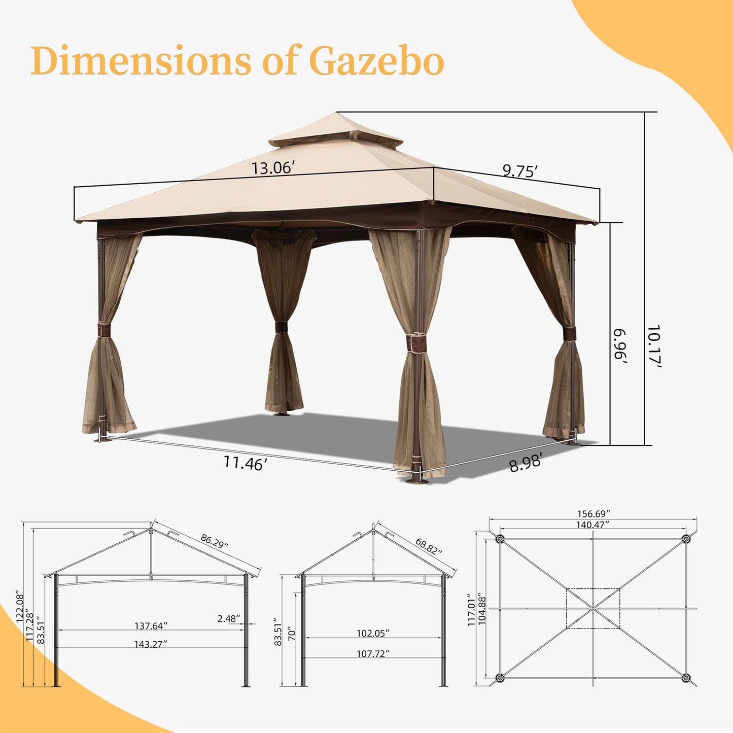Domi 10' x 13' Outdoor Canopy with Mosquito Netting, Double Roof Soft Top Gazebo Pergola, Metal Frame Patio Shelter for Deck, Backyard, Garden, and Lawn