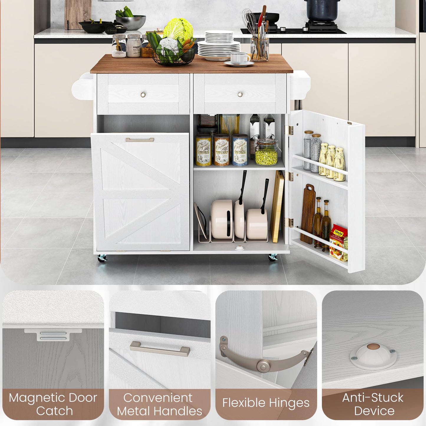 Giantex Kitchen Island Cart with Hidden Tilt Out Trash Can Cabinet, Drop Leaf, 2 Drawers, Towel Rack, Rolling Mobile Breakfast Bar Table, Wood Kitchen Storage Cart on Wheels (White & Natural)
