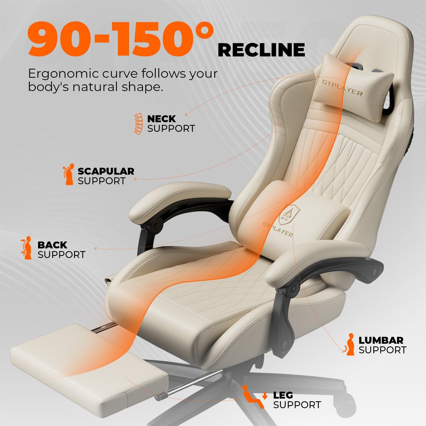 GTPLAYER ACE-PRO Music Gaming Chairs – Built-in Speakers, App Support & Bluetooth Control, Computer Game Chairs with Footrest for Adults, Ergonomic Reclining Silla, Linkage Armrest, Cream
