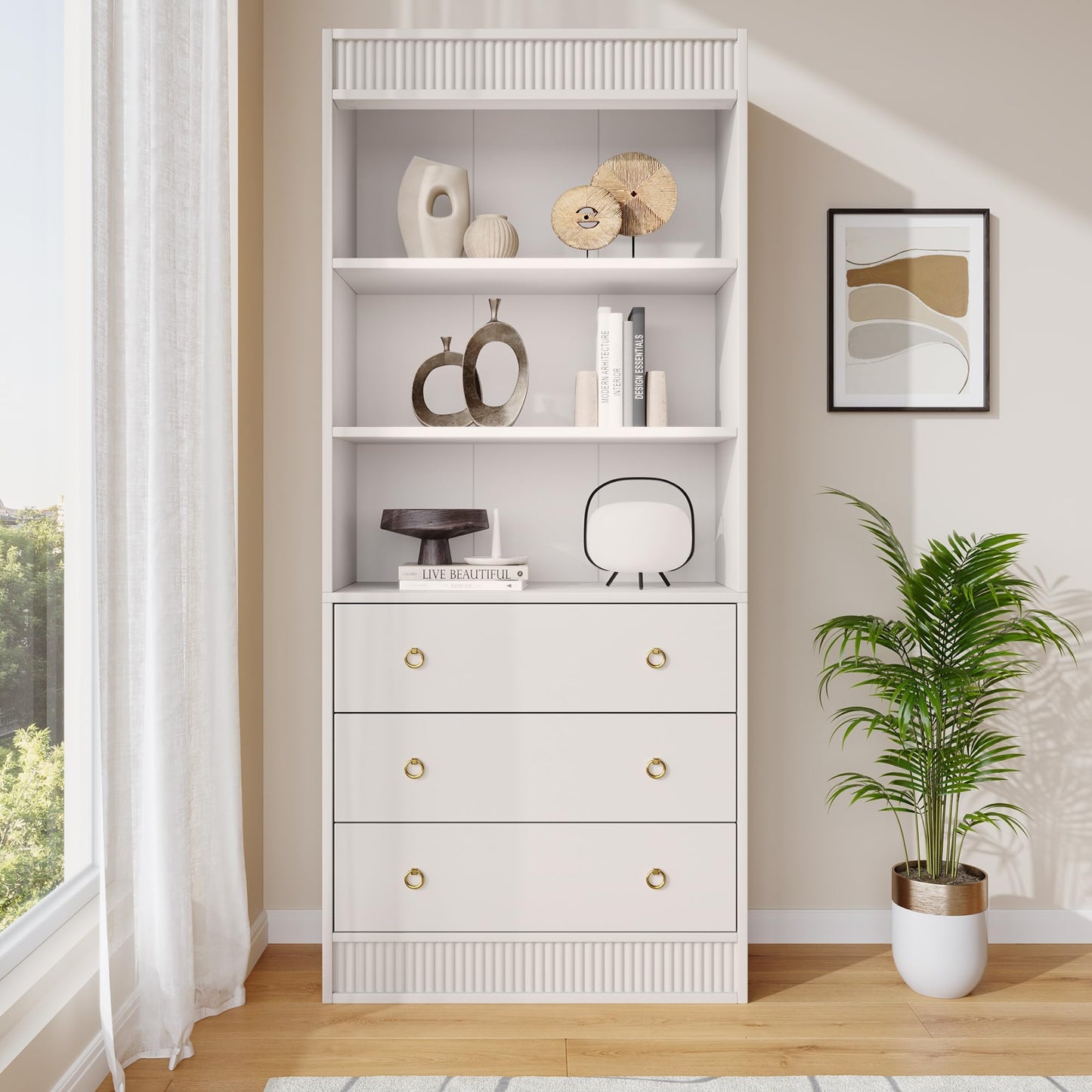 BouPower 71" H White Fluted Bookshelf with 3 Drawers & 3-Tier Open Shelves, Tall Bookcase with Waved Design, Tall Book Shelf with Open Shelf for Living Room/Home Office