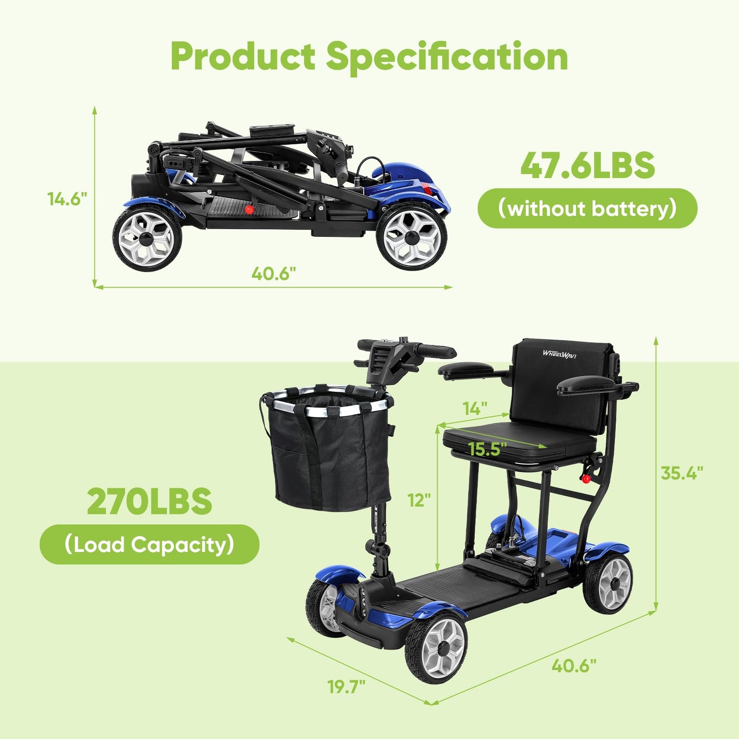 WheelWavi Mobility Scooters for Seniors, Light Weight 25 Miles Trave Foldable 4 Wheeler for Adults, Removable Lithium Battery, Scooter for Adults with 330 lbs Capacity LED Headlights
