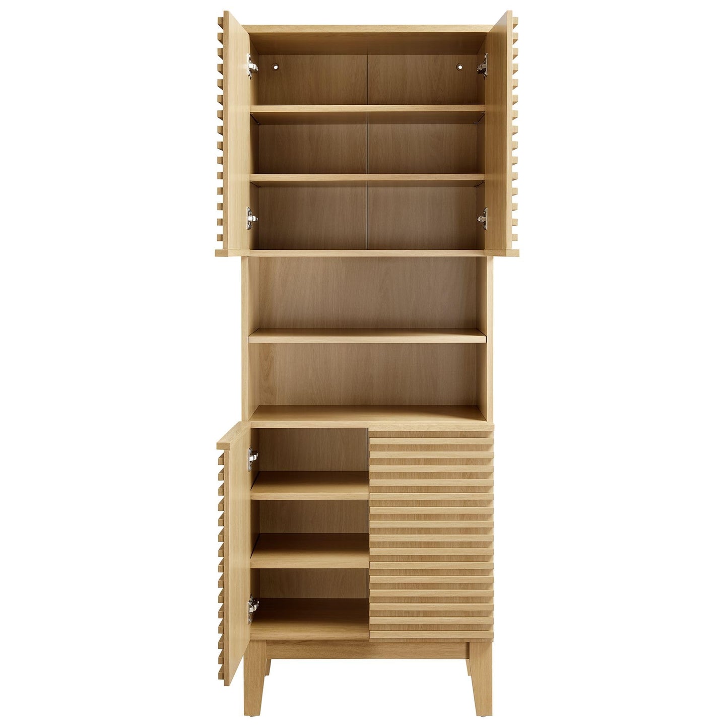 Modway Render Tall Bathroom Storage Tower in Oak - 63” Freestanding Linen Cabinet with Open Shelves and 4 Soft-Close Doors - Towel and Makeup Organizer