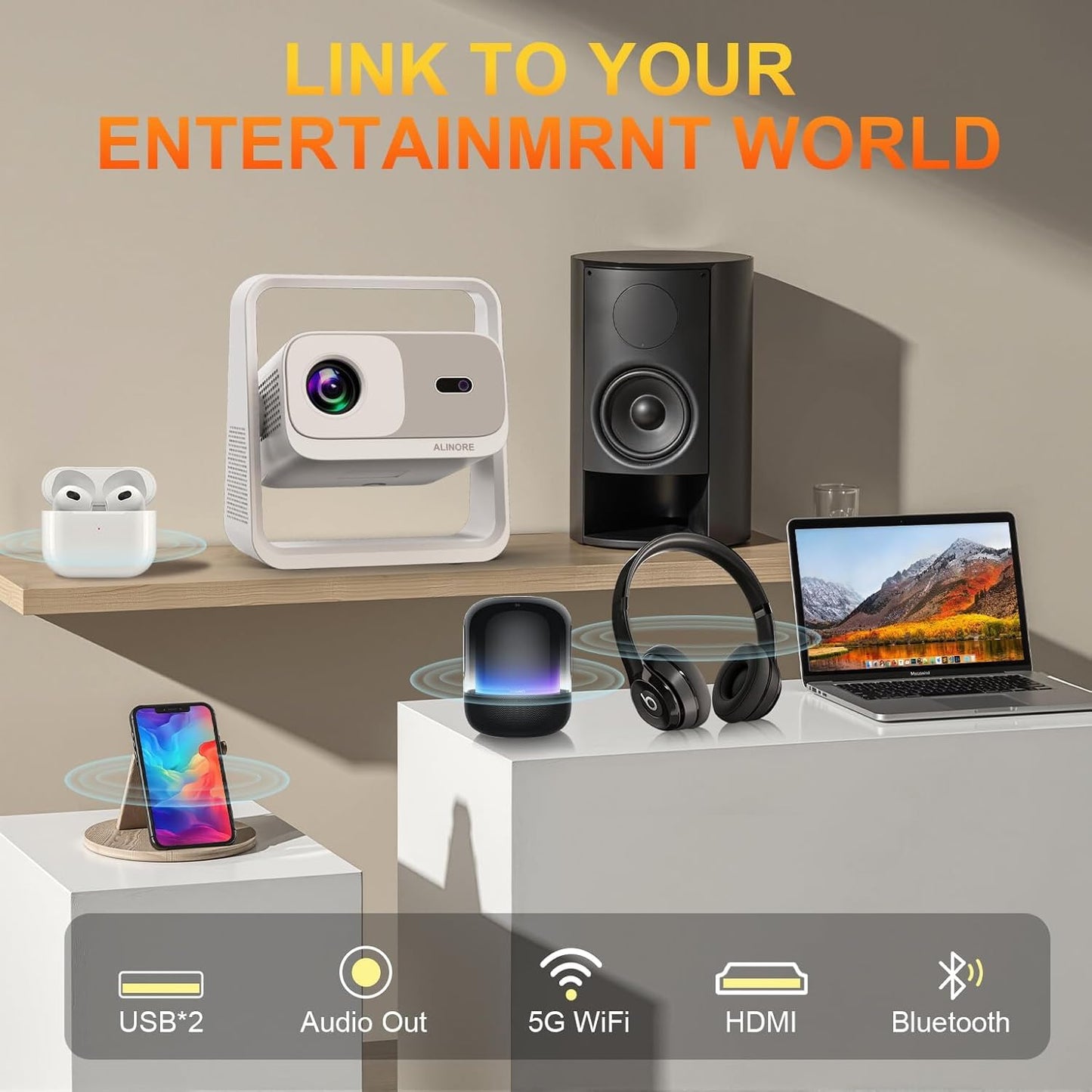 Smart Projector with WiFi6 and Bluetooth5.2, Built-in Apps, 4K Support, Native 1080P Outdoor Movie Projector, Auto Keystone & 360°Stand, 2026 Upgraded Portable Proyector for Home Theater, White