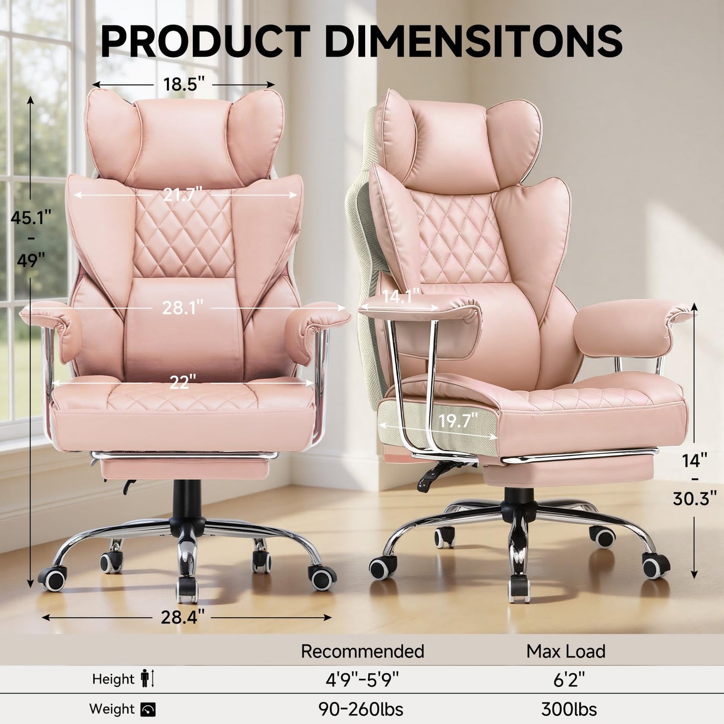 COMHOMA Big and Tall Office Chair, High Back Leather Gaming Chair with Footrest, Executive Ergonomic Office Chairs with Pocket Spring Lumbar Support and with Outward Fixed Soft Armrests
