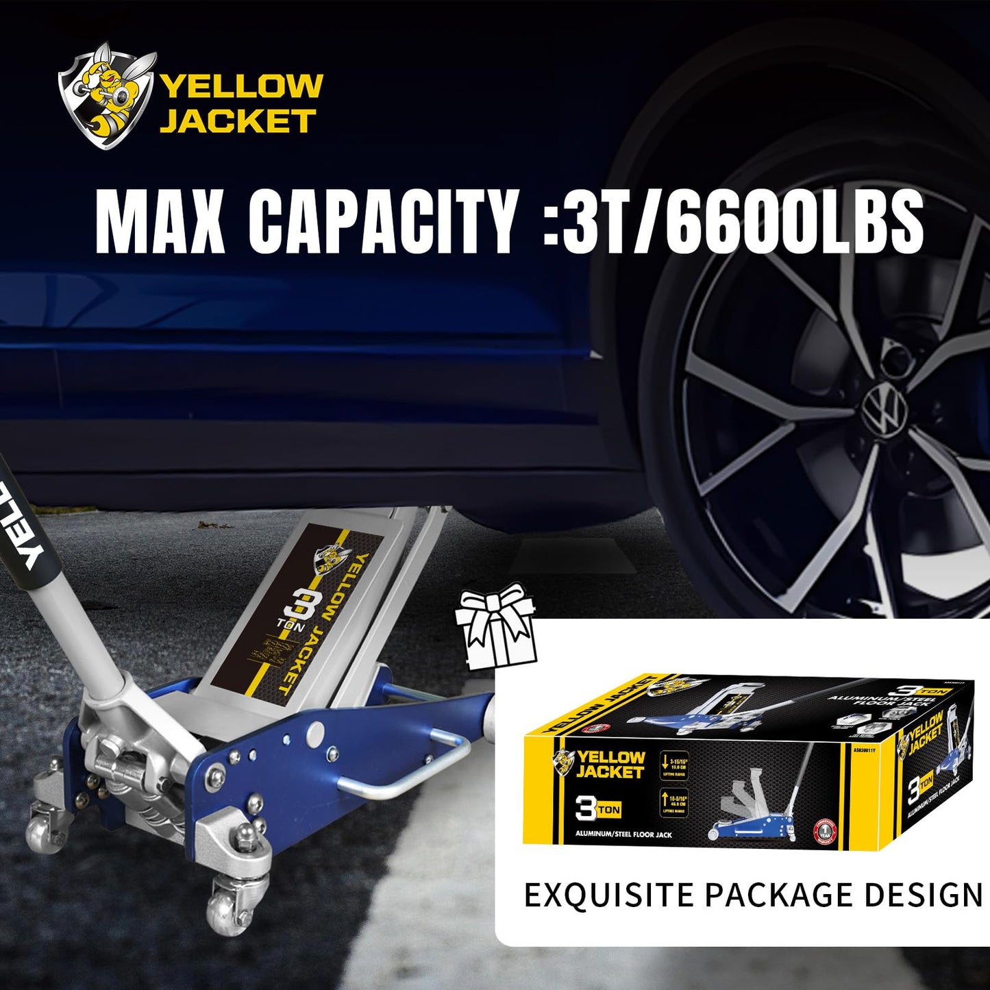 YELLOW JACKET Floor Jack 3 Ton Hydraulic Low Profile Aluminum and Steel Racing Car Jack with Fast Lifting Dual Pump for SUV,Truck, MVP,6600 lbs Capacity