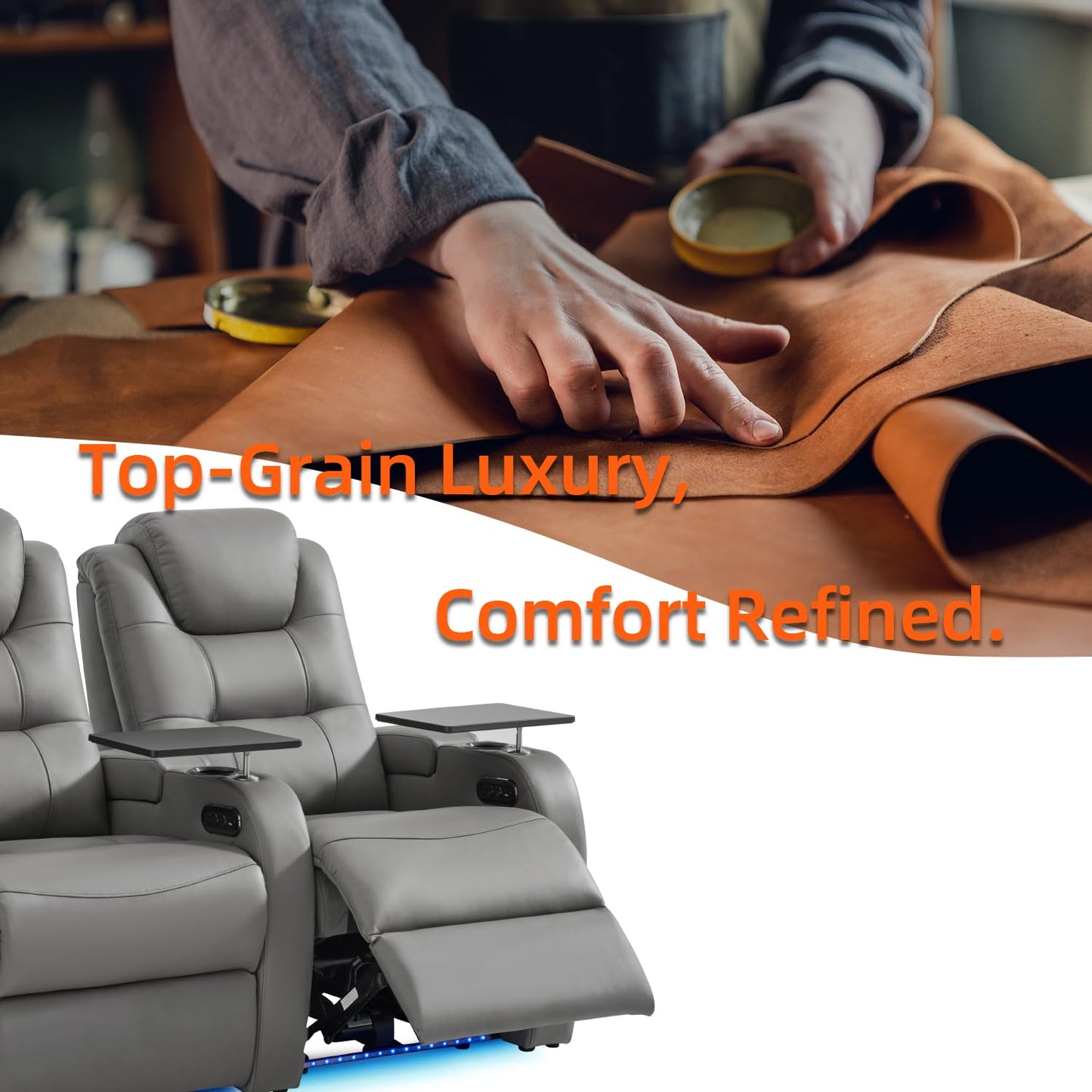 comfiroom Top Grain Leather Home Theater Seating Seats, Simple Style Dual Power Gaming Sofa Movie Theater Chairs Recliner Sofa with Type-C USB Charger (Grey, Row of 1)