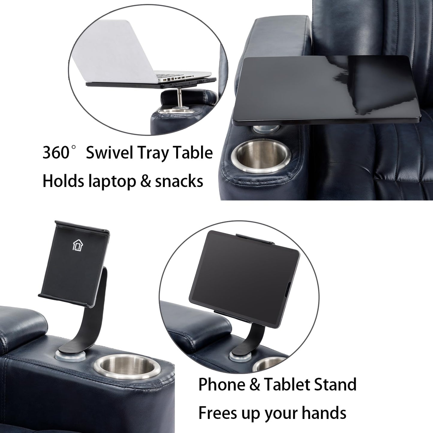 COSYTREE Home Theater Seating Power Recliner Chair, 270°Swivel PU Leather Theater Recliner with LED Ambient Lights, 360°Rotating Tray Table,USB Charging,Cup Holders & Hidden Arm Storage, Blue