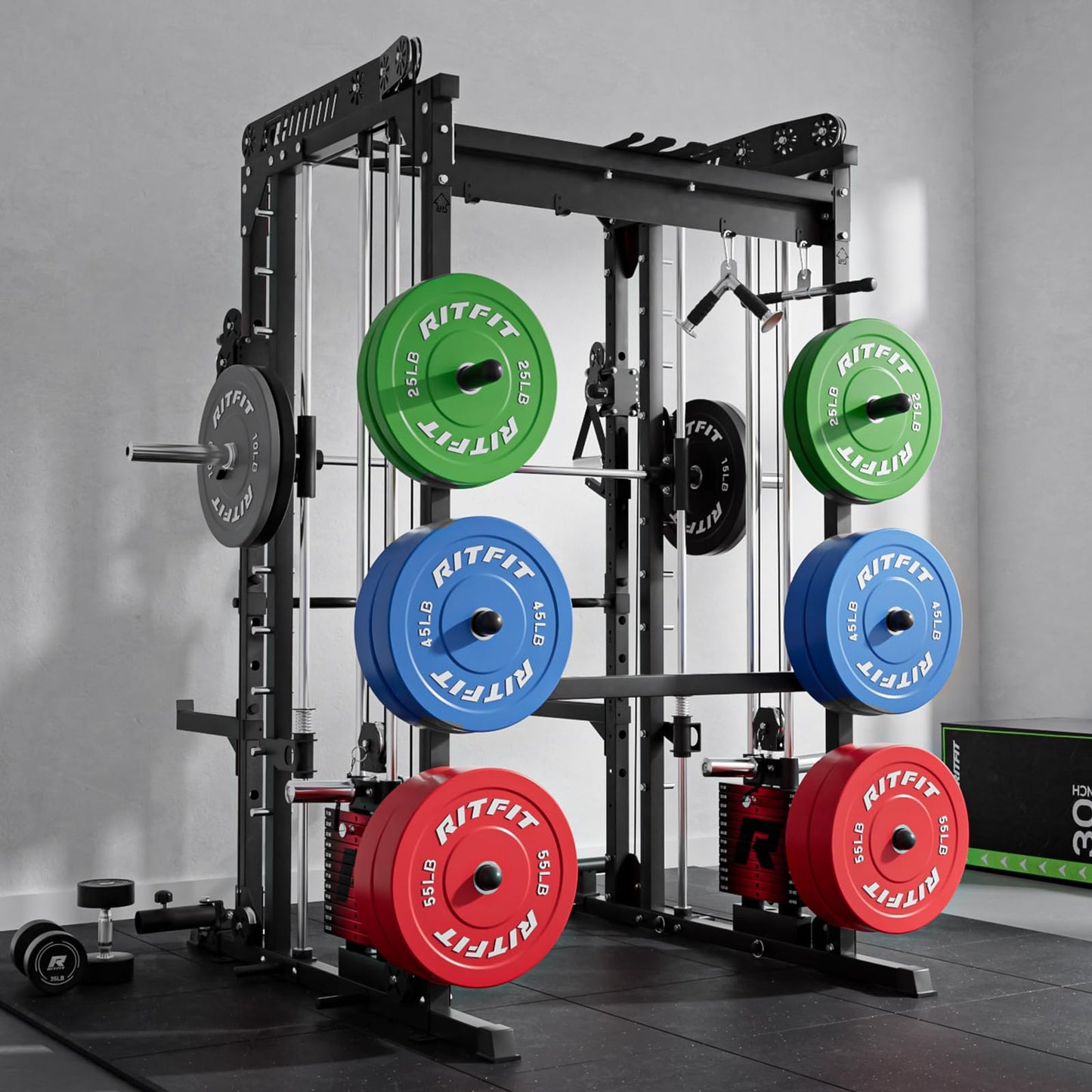 RitFit M1 Pro Smith Machine Package, All-in-One Power Cage with Weight Stack Set, Includes LAT Pulldown & Cable Crossover System for Home Gym