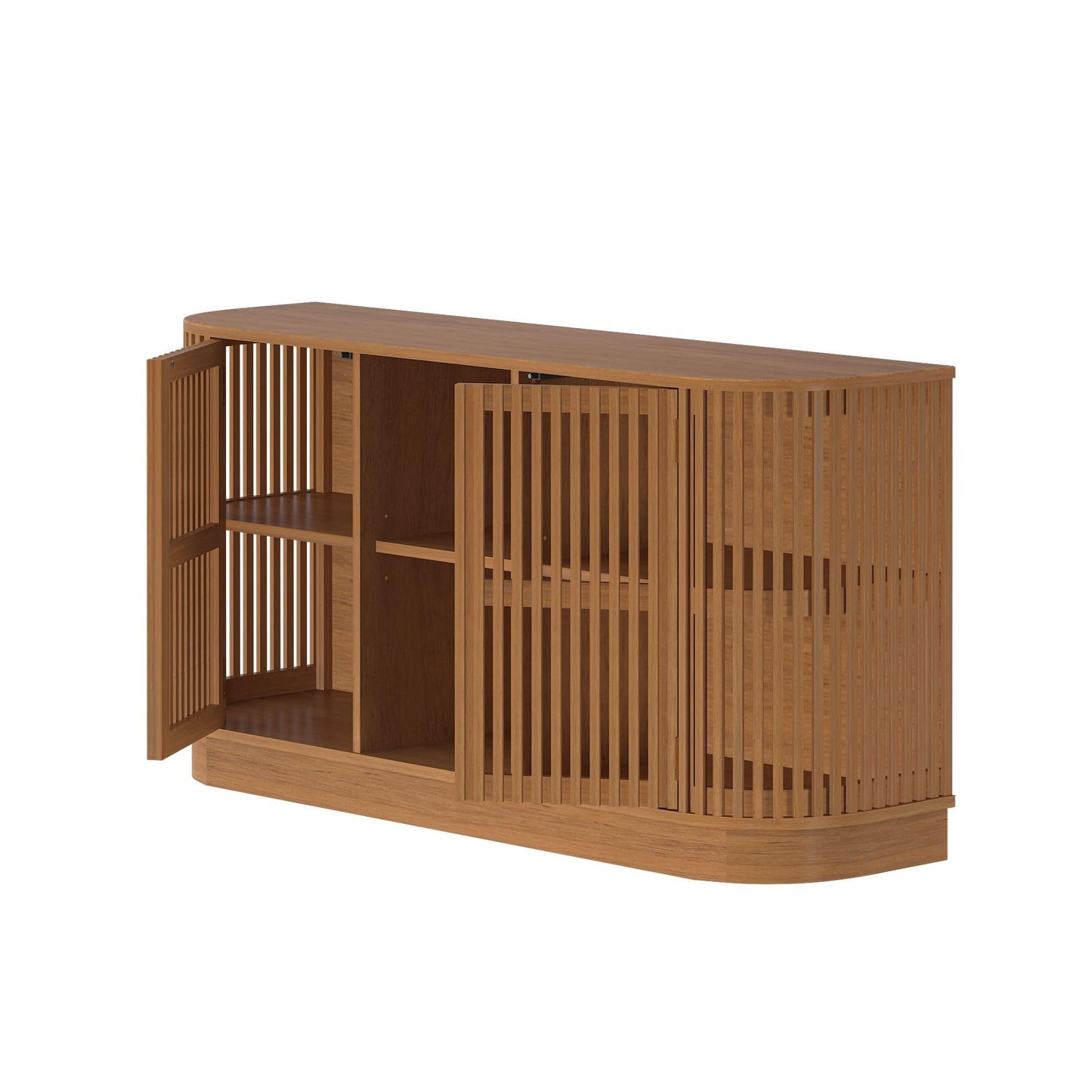 Plank+Beam Contour Wood TV Stand, Two Door Solid Wood Entertainment Console with Storage, 59" L x 16" W x 30" H, Pecan