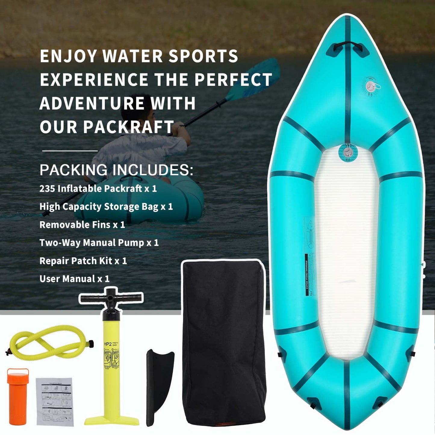 JUSTOOP PVC Packrafts,1 Person Packraft for Flat Water Rafting Camping Trip/Fishing/Water Adventures, Travel Kayak with Two-Way Manual Pump, 300lb Weight Capacity, Teal