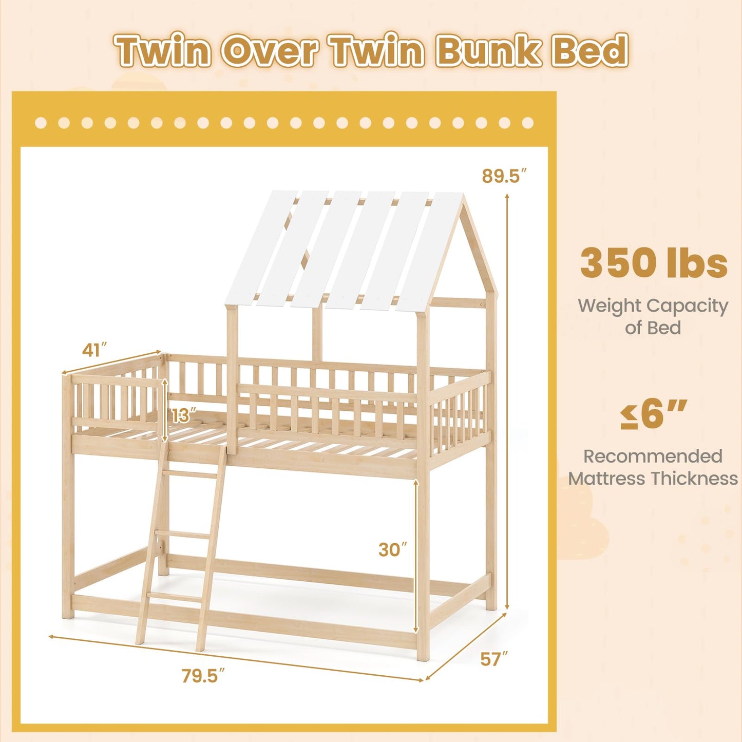 Giantex Twin Over Twin House Bunk Bed, Low Loft Bed Frame with Roof, Wood Bunk Bed with Ladder & Full-Length Guardrails, Twin Floor Bed for Kids Teens Boys Girls, No Box Spring Needed (Natural)