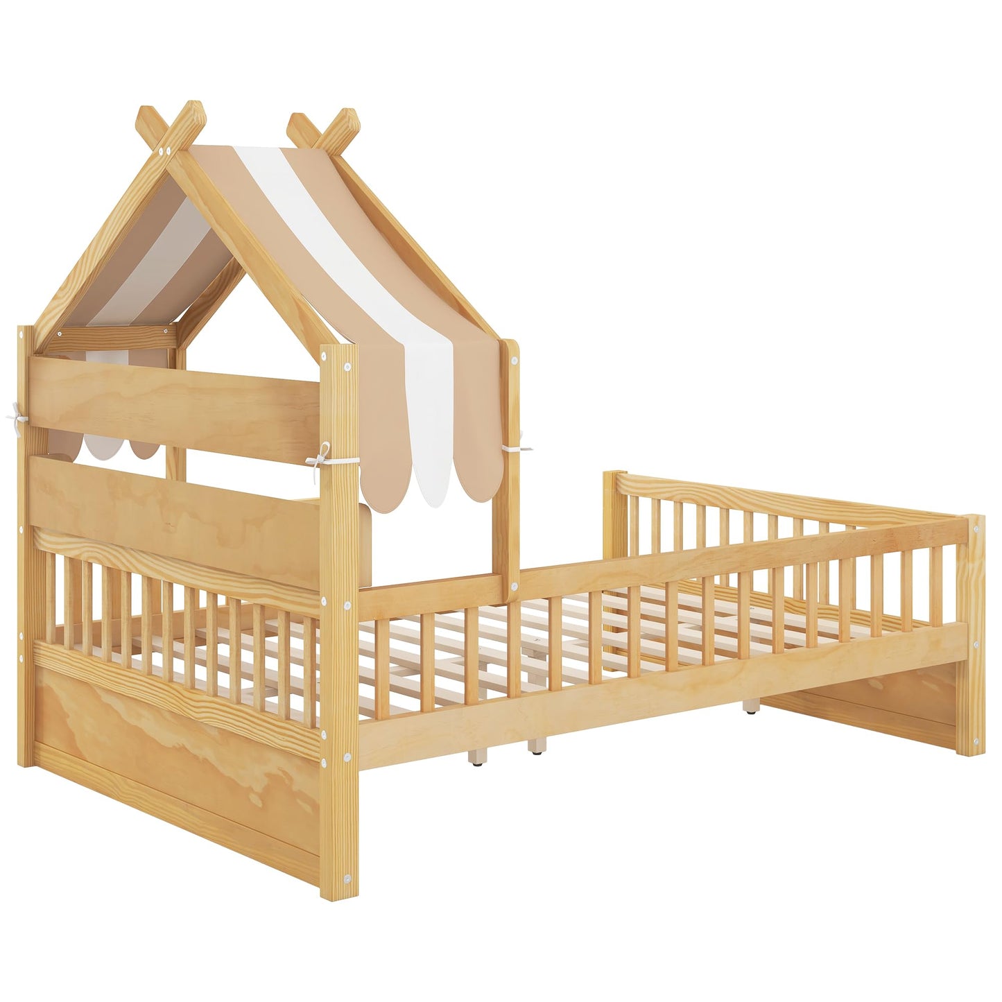 Merax Twin Size House Bed with Storage Headboard Shelf & Removable Canopy, Wooden Platform Bed Frame with Guardrail for Boys Girls Teens Bedroom Use, No Box Spring Needed, Natural