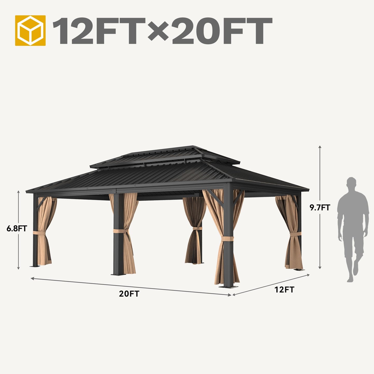 DWVO 20x12ft Aluminum Gazebo Hardtop Double Roof Canopy Outdoor Gazebo Galvanized Roof with Netting and Curtain Garden Tent for Patio, Backyard and Deck