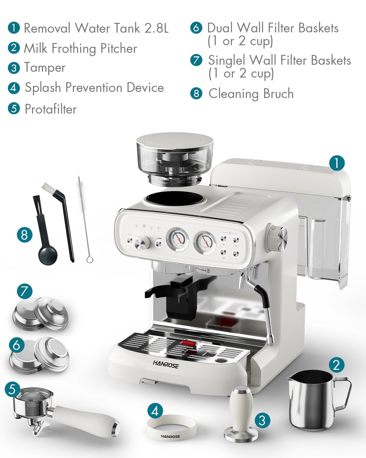 Hanrose Espresso Machine With Grinder, 20 Bar Espresso Machine with Milk Frother Steam Wand, Espresso Machines for Home, Expresso Coffee Machines Professional, Cappuccino Latte Machine