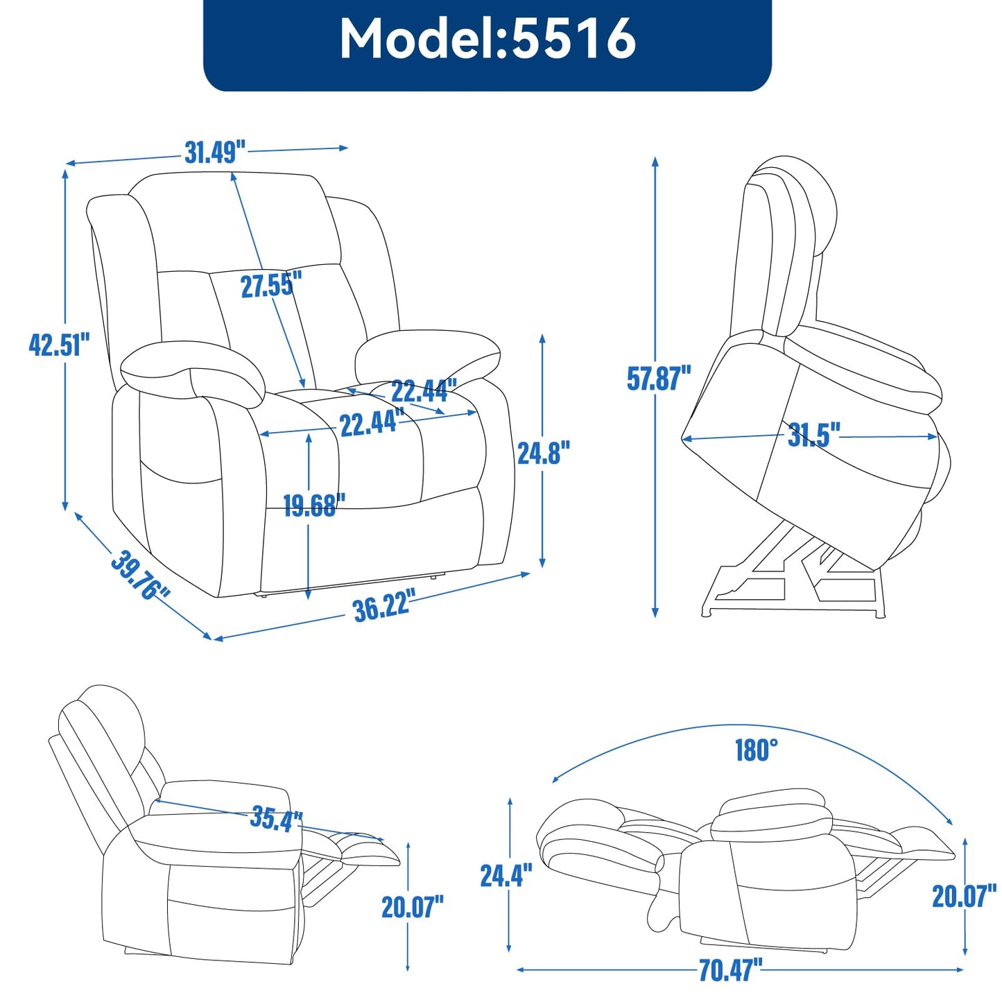 KEIKI Oversized Recliner Chair Electric Dual Motor Lift Leather Recliner for Elderly, Synthetic Leather Upholstery with Infinite Position and Back Massager with Heat, Rocking Lounge Chair, Grey