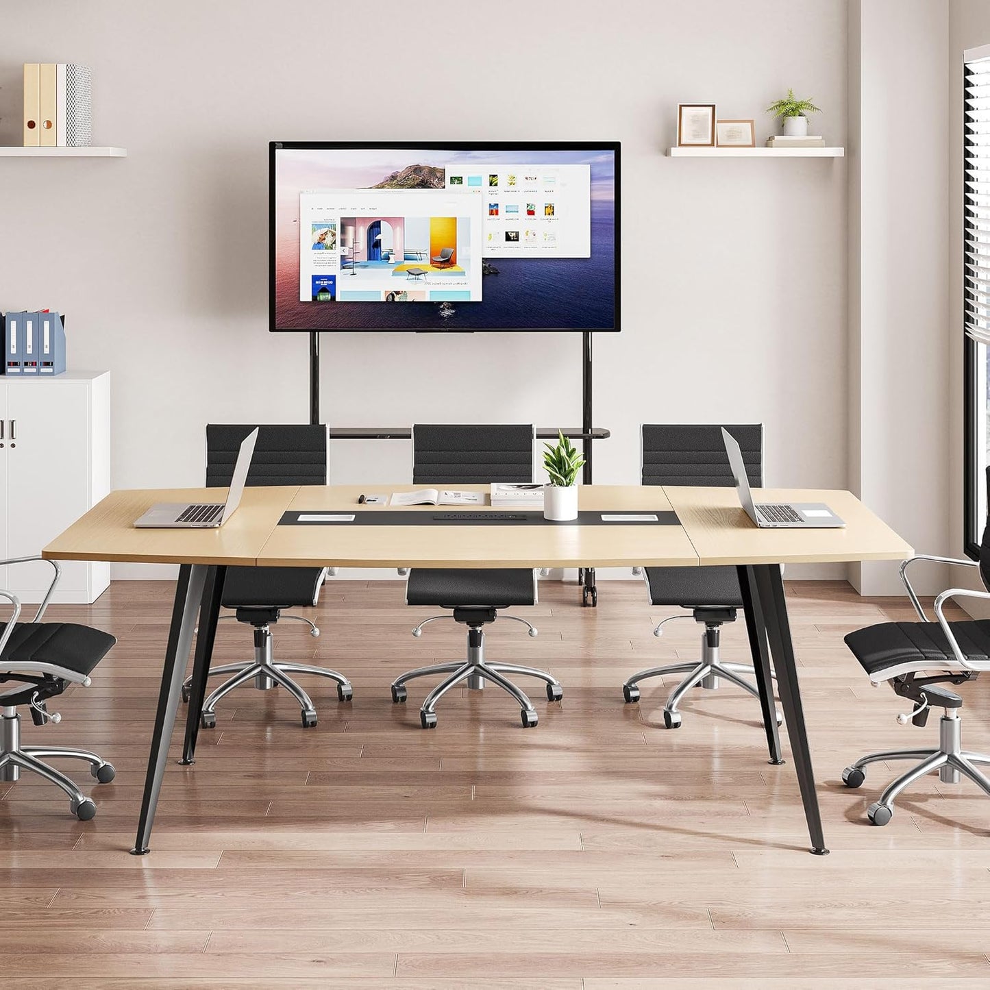 YITAHOME 6FT Conference Table with Power Outlets, 70.8 Inches Boat Shaped Meeting Table with Rectangle Grommet, Modern Seminar Table for Office Conference Room, Boardroom Desk, Light Wood Grain