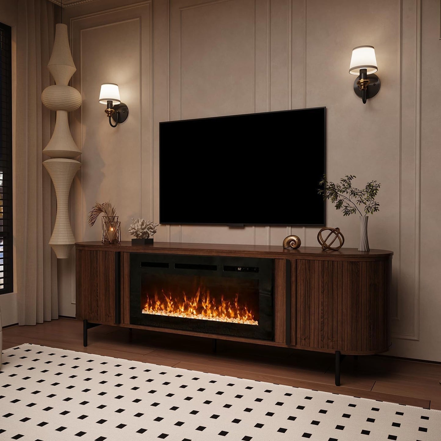 Nordivale Luxury 70" Fluted TV Stand with Fireplace, Modern Chic Entertainment Center for TVs Up to 80", TV Console for Living Room, Media Cabinet with Storage,70 Inch, Walnut