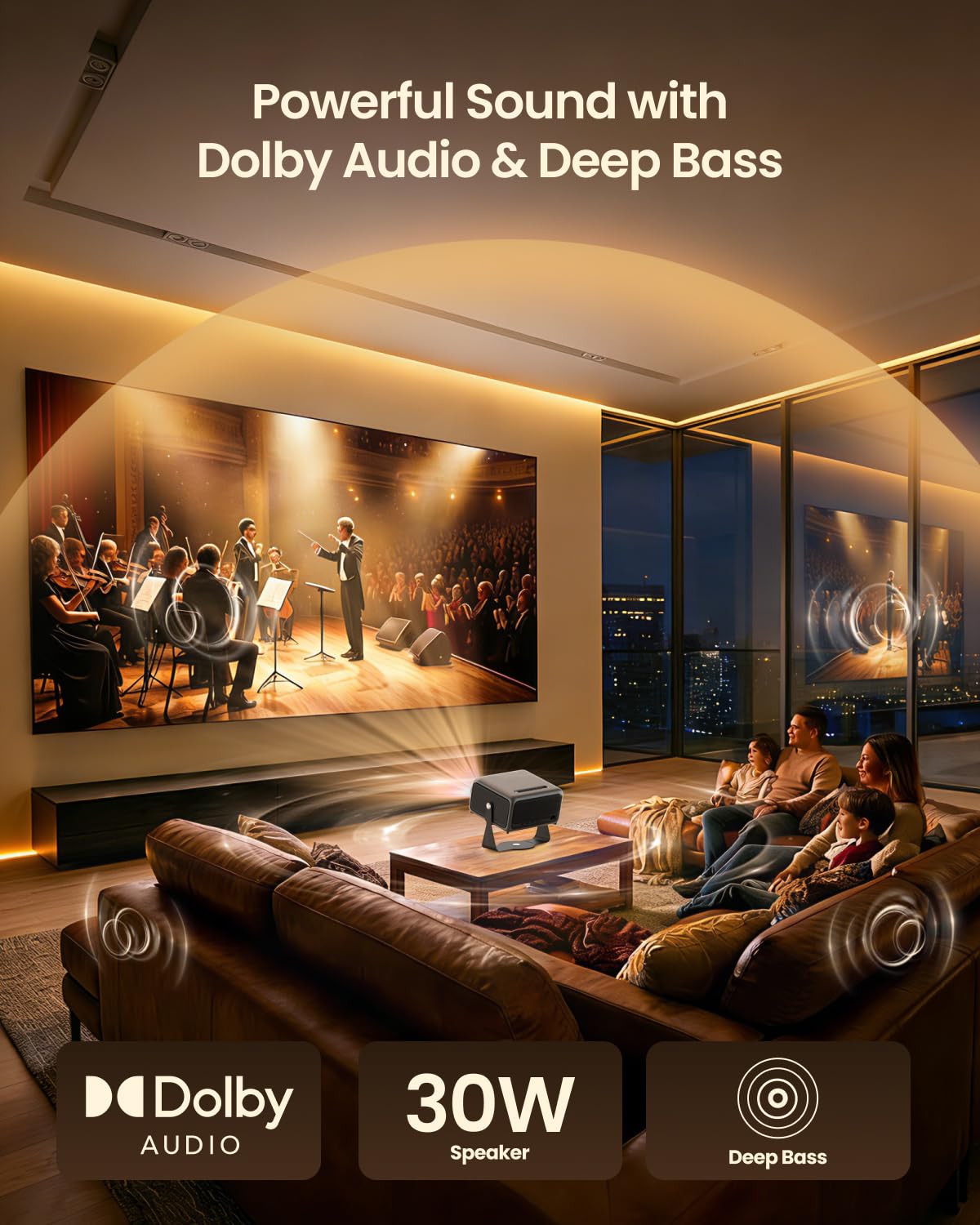 4K Smart Projector with Wifi and Bluetooth, 1500 ANSI Lumen 30W Dolby Audio Home Theater with Netflix Ready/Live TV, 2GB+32GB Memory & MEMC, 360° Adjustable Stand, AI Auto Focus/Keystone
