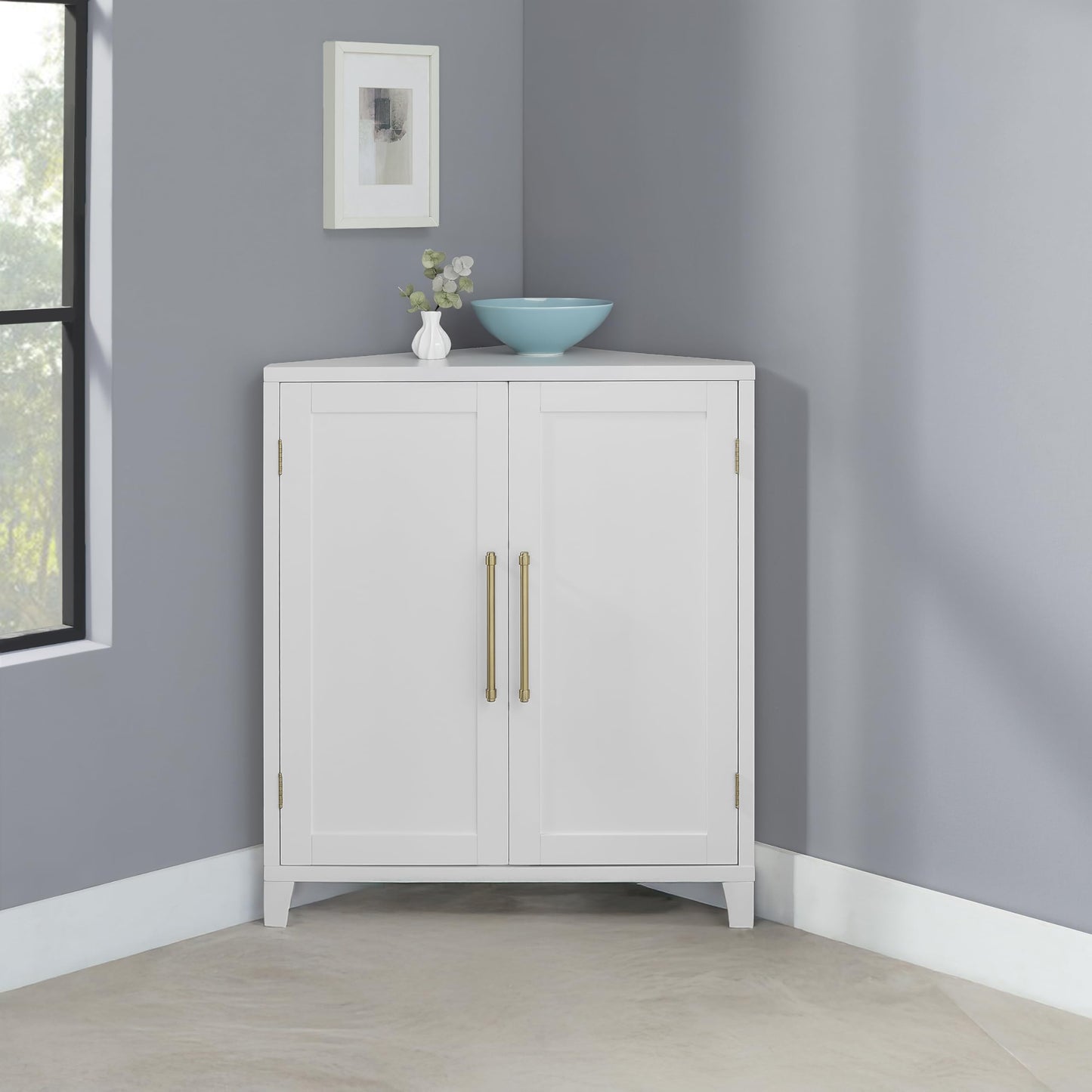 Crosley Furniture Roarke Stackable Corner Pantry Storage Cabinet with Shelves, Kitchen, Dining, Laundry, White