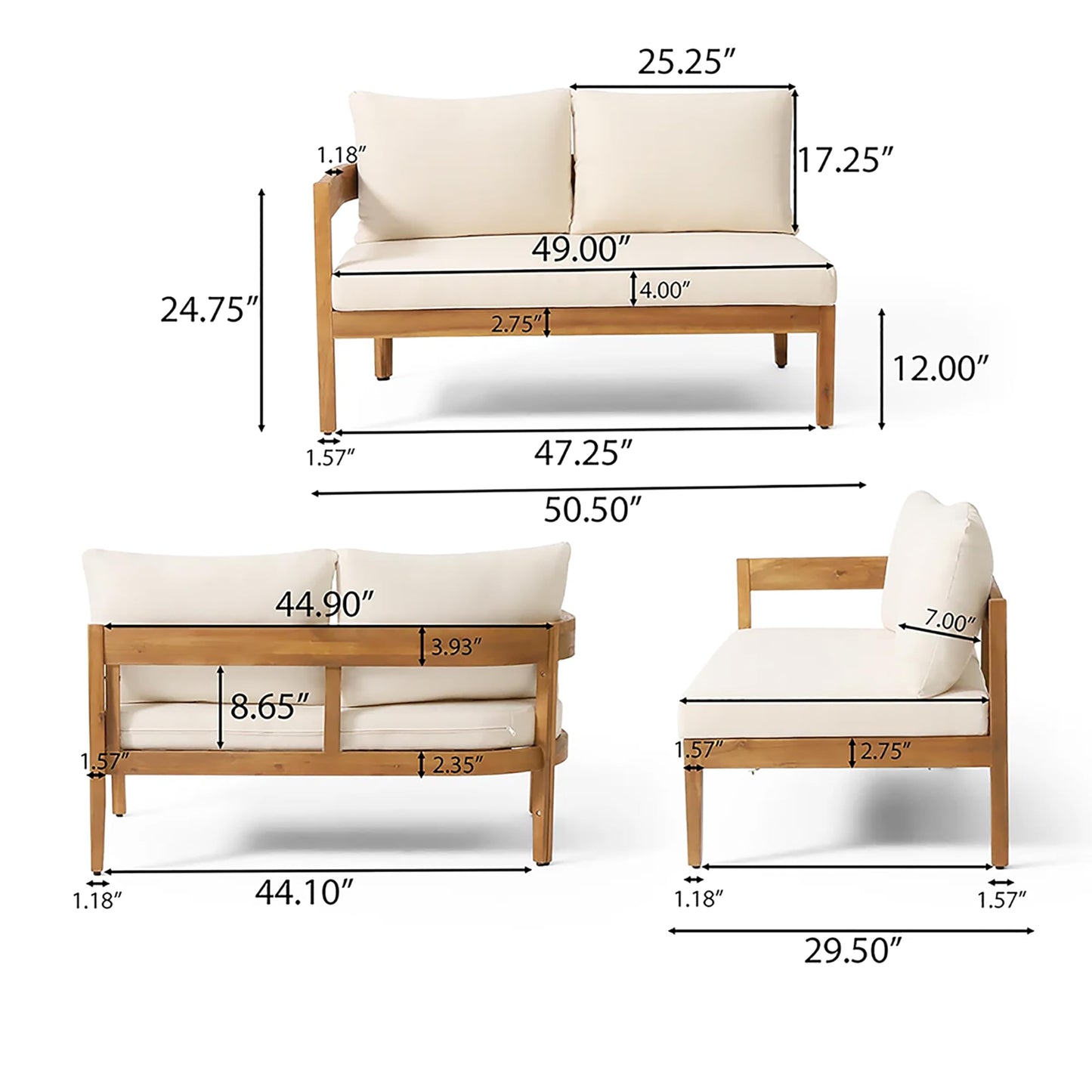 Merax 2 Piece Patio Outdoor Conversation Set, All-Weather Curved Acacia Wood 2 Loveseat Sofas with Cushions for Backyard Deck Poolside,Free Combination, Teak+ Beige