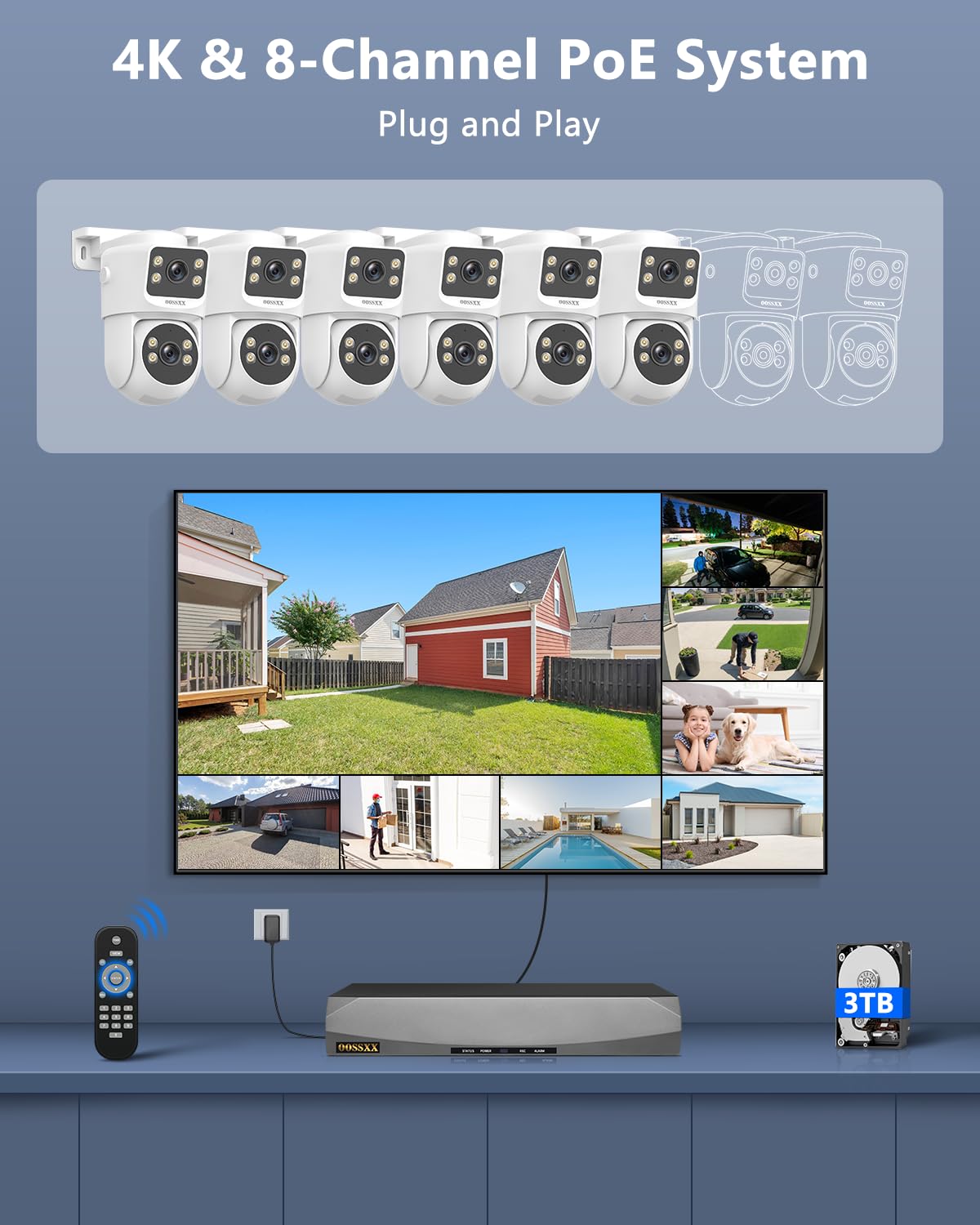 OOSSXX (2026 New) 4K PoE Security Camera System, 8CH NVR with 6 Dual Lens Cameras, Fixed + PTZ Auto Tracking, 130° Wide Angle, AI Human Detection, 2-Way Audio, No Monthly Fee