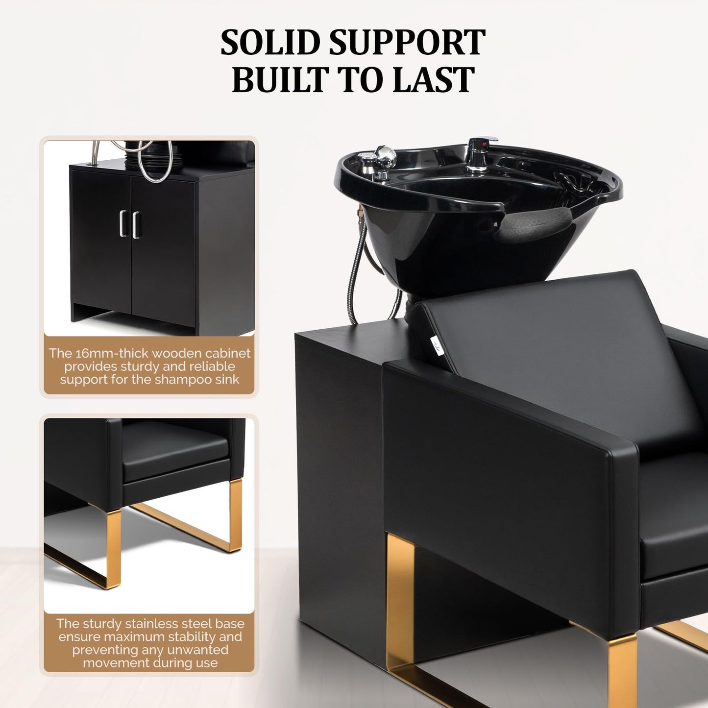 OmySalon Shampoo Chairs for Salon, Stainless Steel Frame & UPC Certified Shampoo Bowl, Hair Washing Station, Backwash Unit for Beauty Spa Barbershop, Black Gold