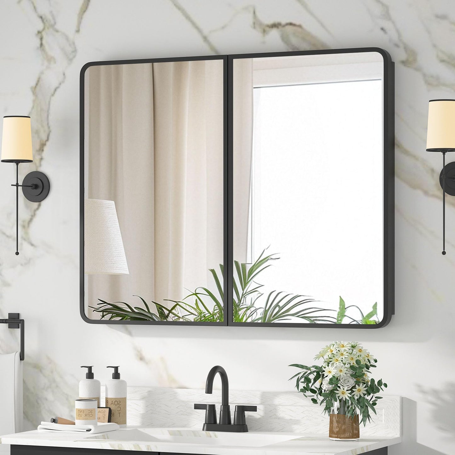 YTSMIR Bathroom Medicine Cabinet with Mirror 24 x 30 Inch, Black Medicine Cabinet Recessed or Surface Wall-Mounted, Mirrored Cabinets with Sturdy Metal Adjustable Shelves for Bathroom Vanity