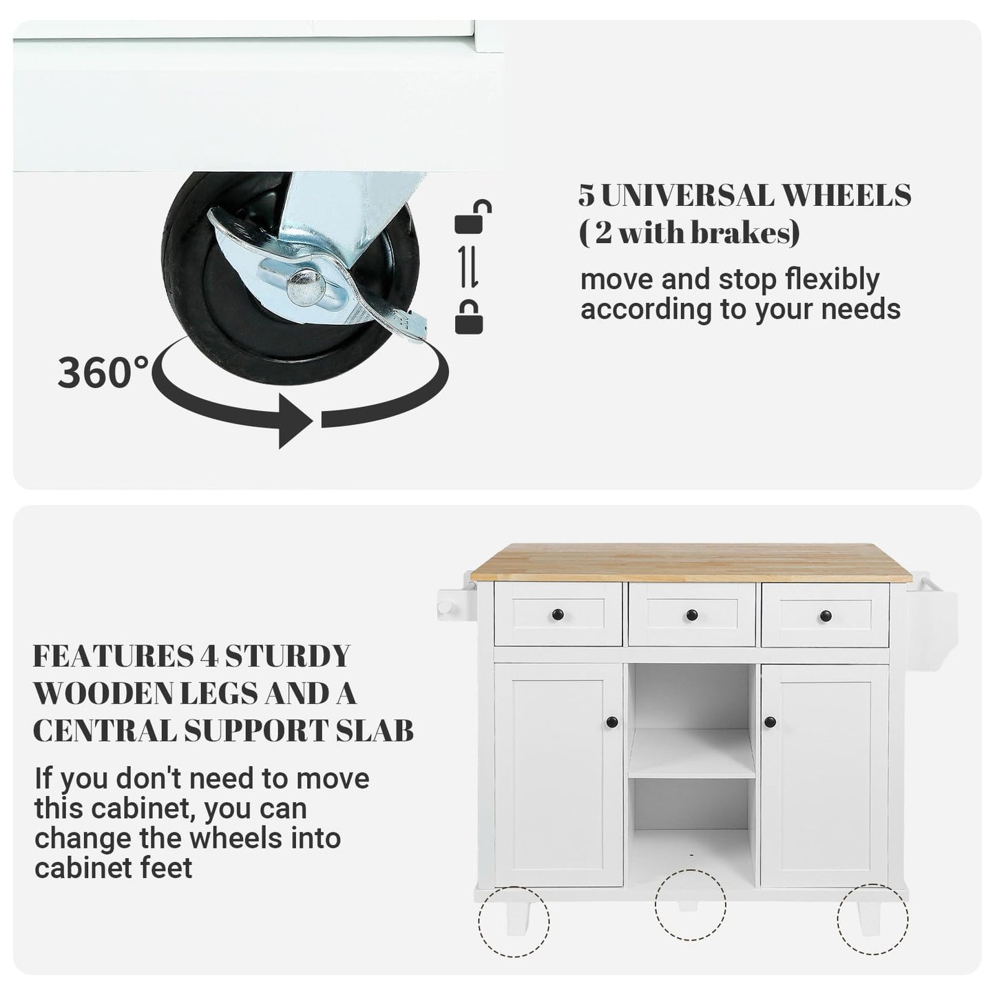 Rovibek Kitchen Island with Drawers 53 in Rolling Island Cart Mobile Portable Islands on Wheels Solid Wood Island with Storage Cabinet & Drawers, Bright White