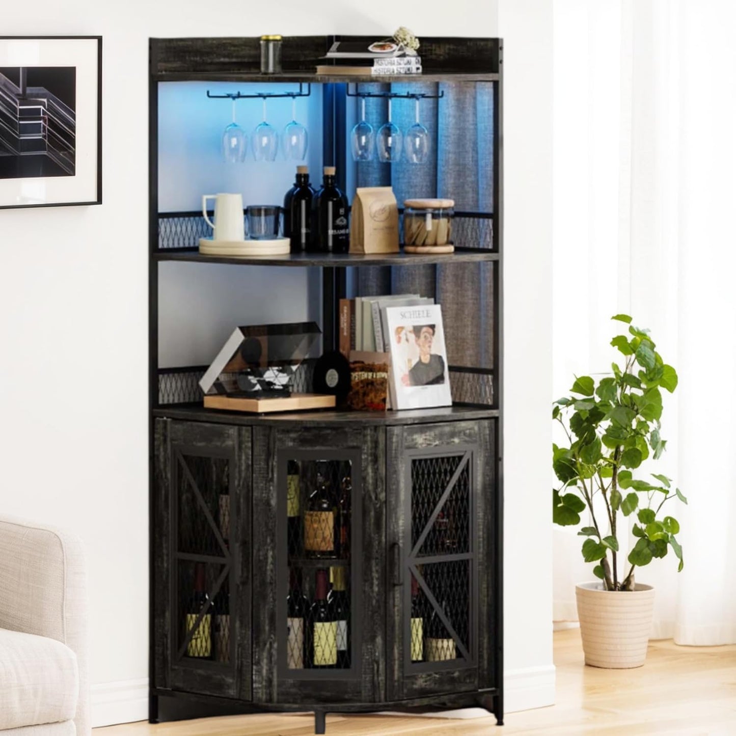 JoanKaren Corner Bar Cabinet with Power Outlet and LED Light, Coffee Bar Cabinet for Home Bar, Industrial Corner Shelf with Wine Storage, 5-Tiers Liquor Cabinet for Home, Living Room, Kitchen (Black)