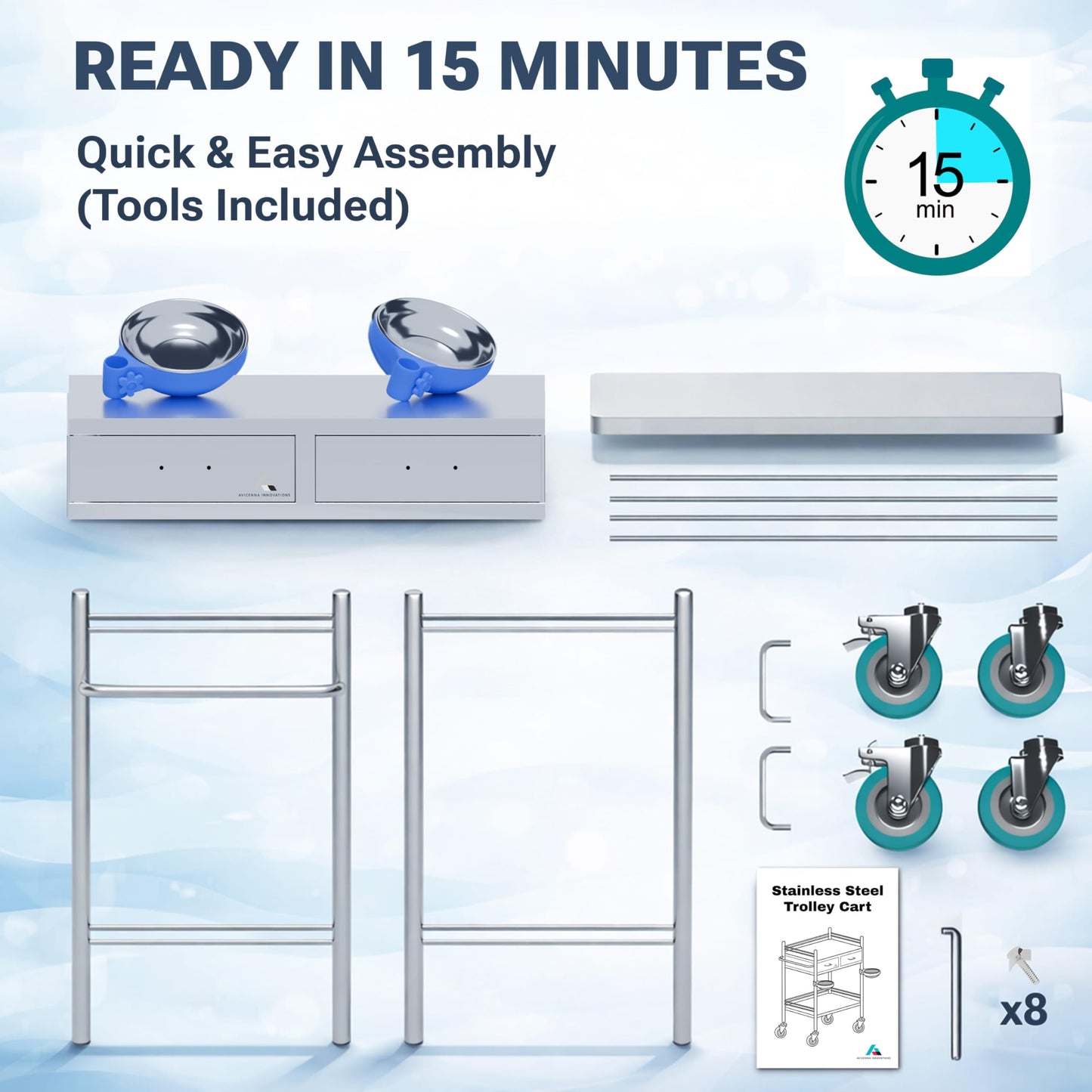 Avicenna Innovations *Improved & Upgraded* Medical Stainless Steel 2 Tier Rolling Cart with Wheels and Drawers | Dental Hospital Nursing Trolley | Easy-to-Disinfect Phlebotomy Mobile Workstation