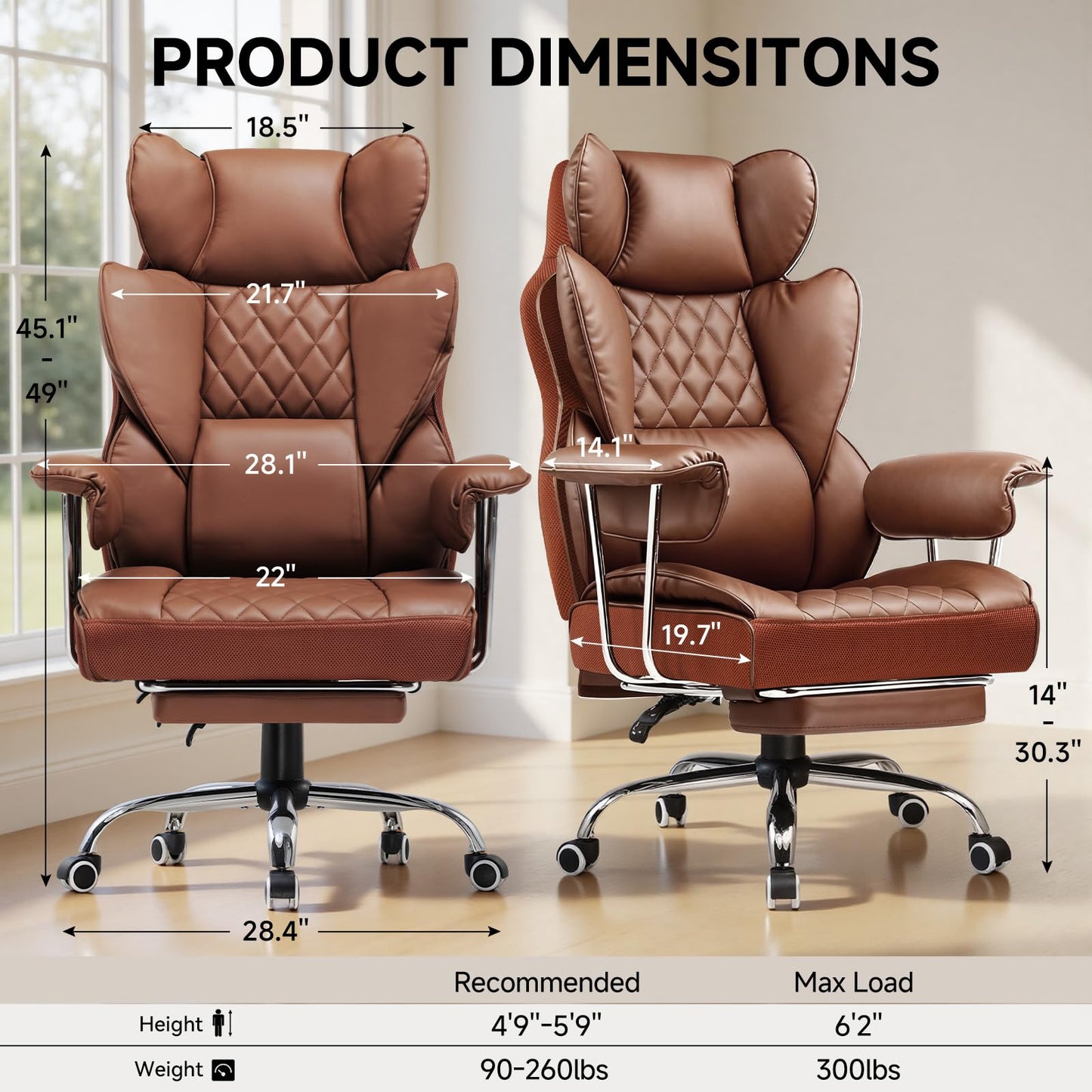 COMHOMA Big and Tall Office Chair, High Back Leather Gaming Chair with Footrest, Executive Ergonomic Office Chairs with Pocket Spring Lumbar Support and with Outward Fixed Soft Armrests