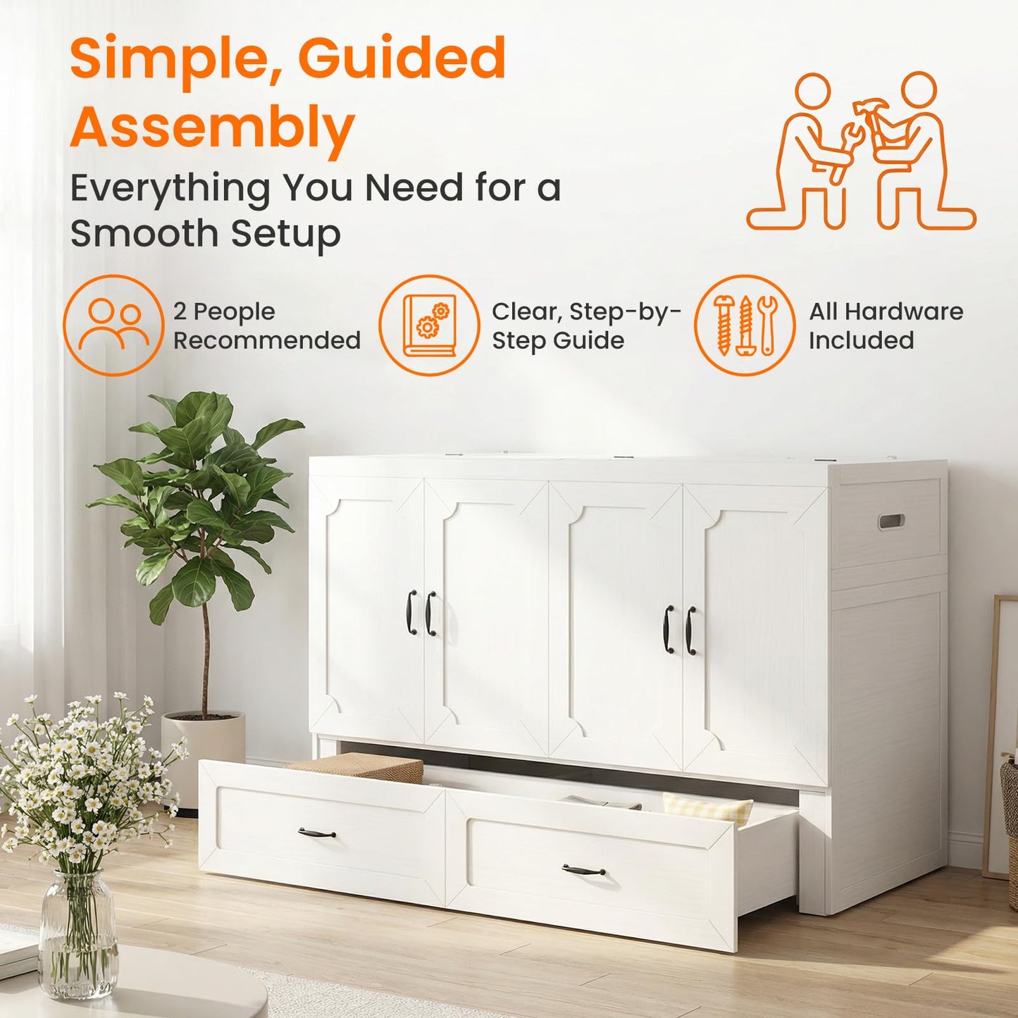 CECER Queen Size Murphy Bed with Mattress Included,Murphy Cabinet Bed Queen with Charging Station & Storage Drawer for Small Spaces/Guest Room(White)