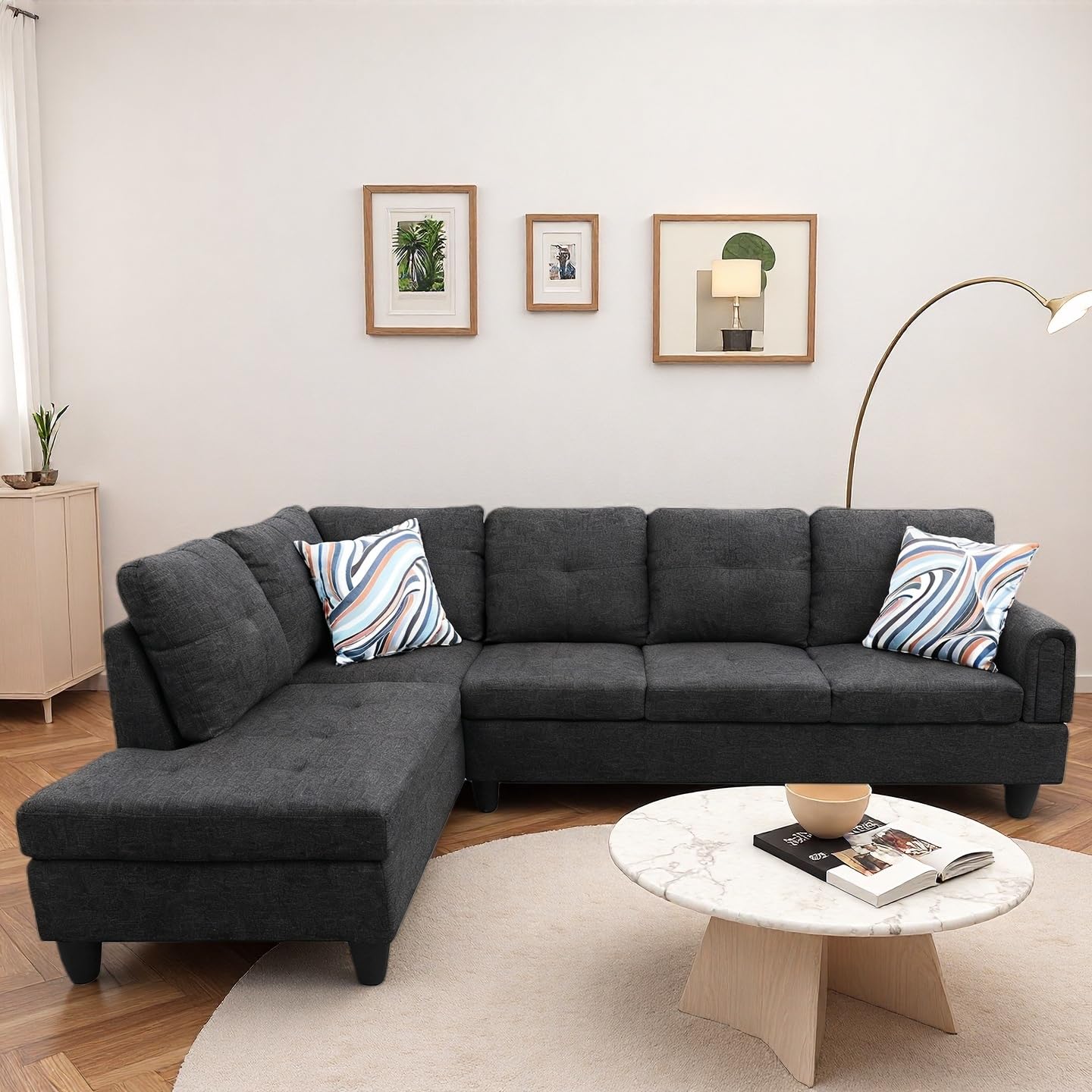 Trygoal Modern L-Shaped Sectional Sofa with Chaise Lounge, 4-Seater Fabric Couch with High-Density Foam Cushions, for Living Room, Apartment, Studio, Easy Assembly, Off-White