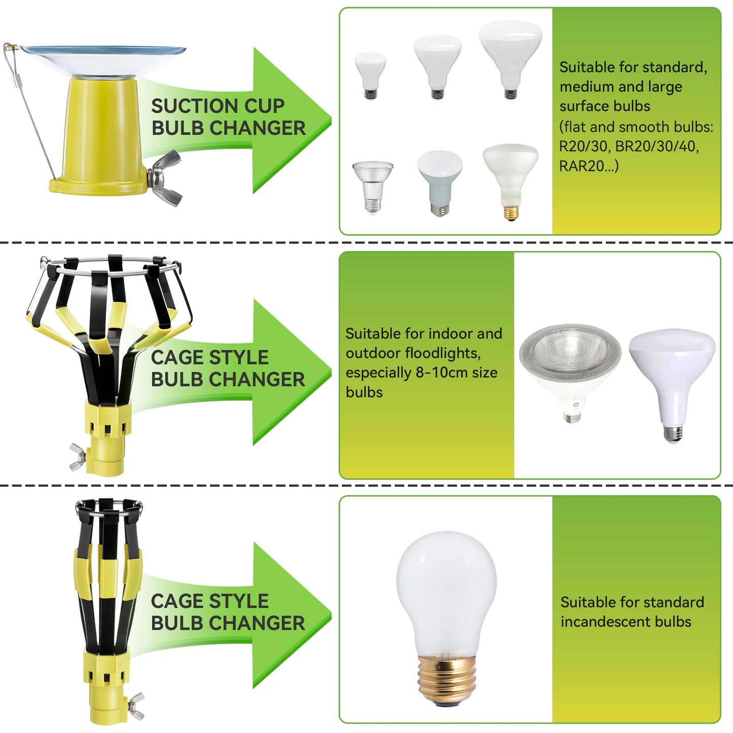 Dreyoo Light Bulb Changer Set with Telescopic Pole 3-12 ft, Metal, Yellow, Model DR-Dreyoo-0995