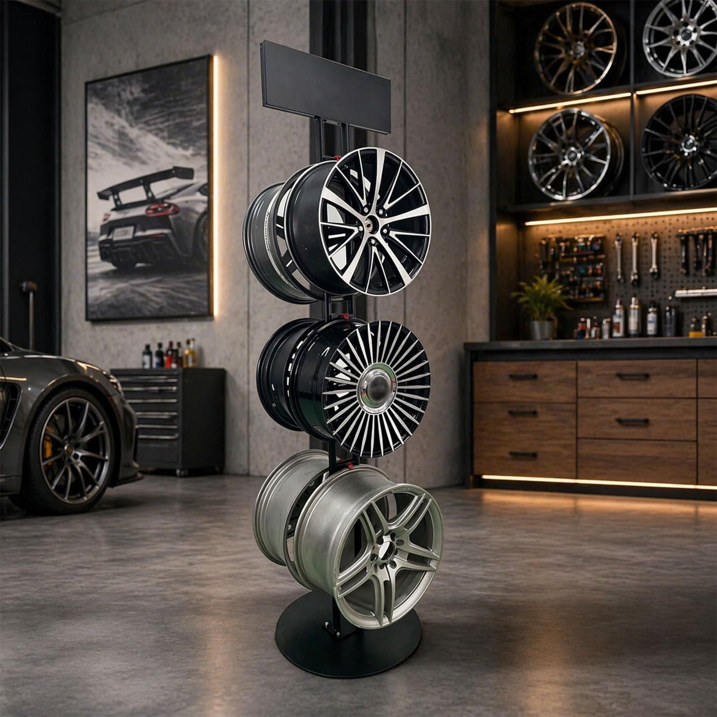 Black Metal Wheel Hanger Rack Heavy Duty Rim Display Stand Single Or Double Sided Holder with Anti Scratch Plastic Coated Hooks Thickened Iron Base for Tire Store Auto(Circular Base,6 Hooks)