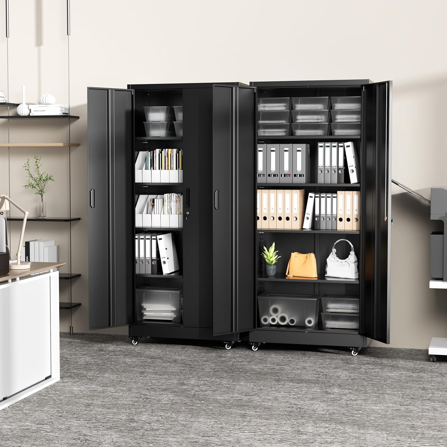 Greenvelly 73" Metal Storage Cabinet with Wheels, Black Garage Storage Cabinet with 4 Adjustable Shelves and Locking Doors, Garage Rolling Storage Cabinet for Warehouse, Garage, Home Office, School