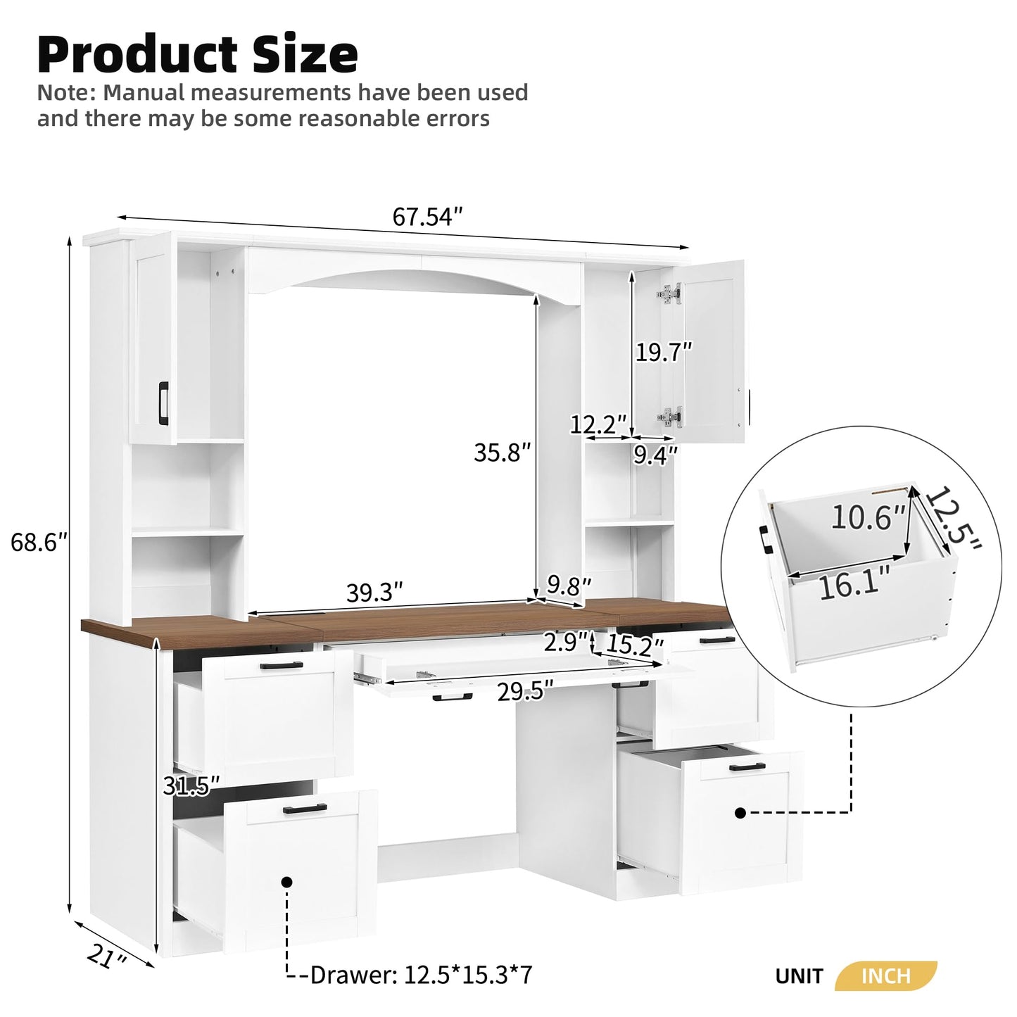 Merax Farmhouse Arched 67" Computer Desk with Power Outlets & Keyboard Tray, Wood Executive Home Office Desk with Hutch, Writing Desk with Storage Drawers for Working Study, White