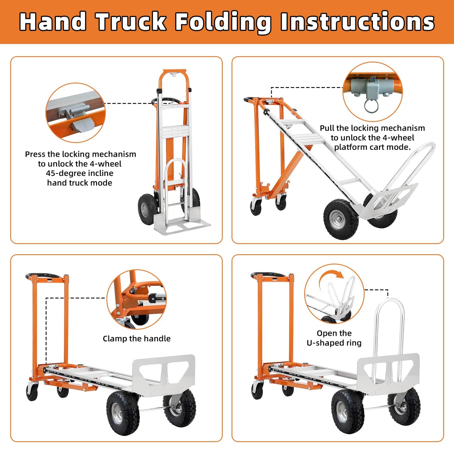 Aluminum 4 in 1 Convertible Hand Truck Dolly, 1000Lbs Capacity, Heavy Duty Folding Hand Truck Dolly Cart with Wheels 10" All-Terrain Tires, Hand Trucks for Logistics, Moving Home, Shopping, Office