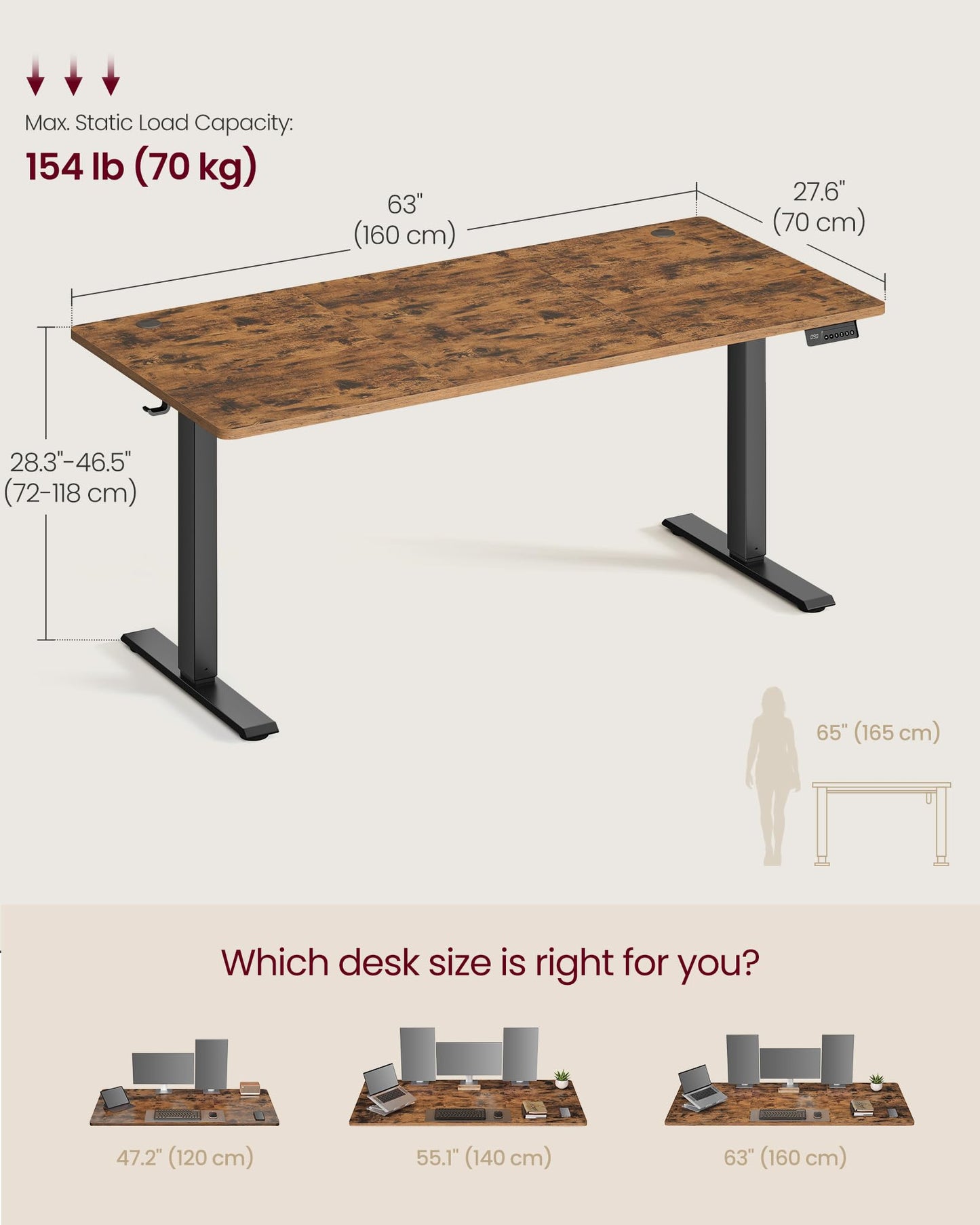 VASAGLE Electric Standing Desk, Stand Up Desk, 4 Memory Heights, Sedentary Reminder, for Home Office, 63 x 27.6 Inches, Rustic Brown ULSD316KD02S