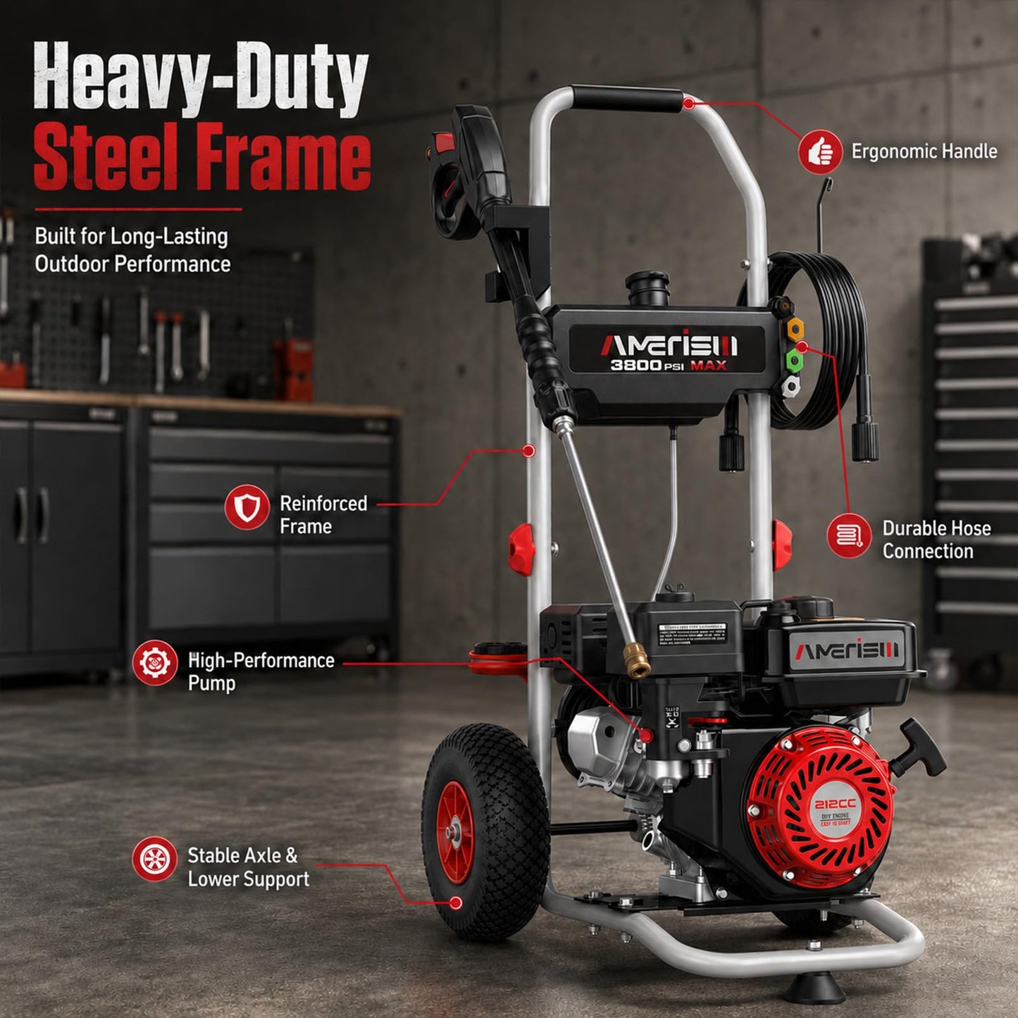 AMERISUN 3800 PSI Gas Pressure Washer 2.5 GPM with 212cc 4-Stroke OHV Engine, 5 Quick-Connect Nozzles & 10" Wheels, Heavy Duty Power Washer for Driveways, Cars, Patios, Decks & House Siding