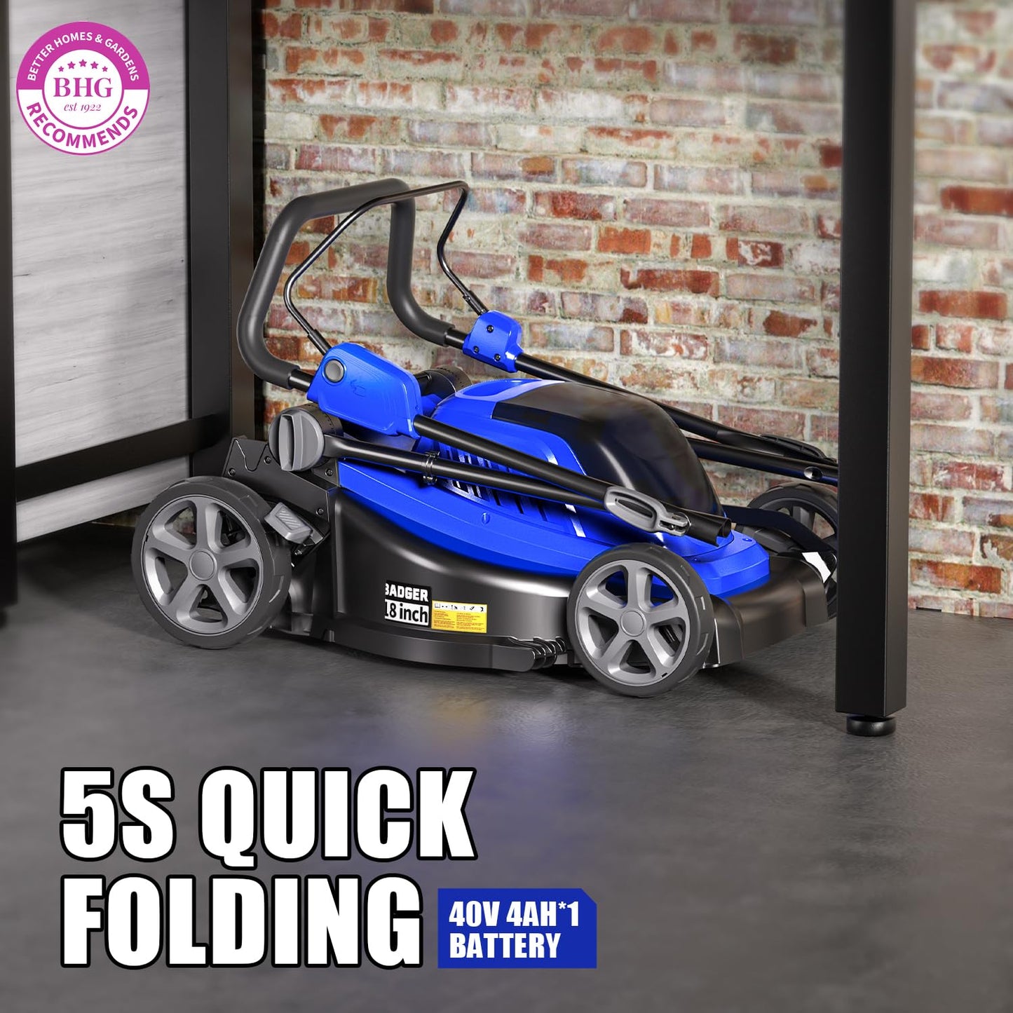 Wild Badger Power 40V 18″ Cordless Lawn Mower Brushless , 5,445 sq ft/0.125 ac, 1×4.0Ah Battery & Fast Charger, 5-Position Height ,for Small-to-Medium Lawns
