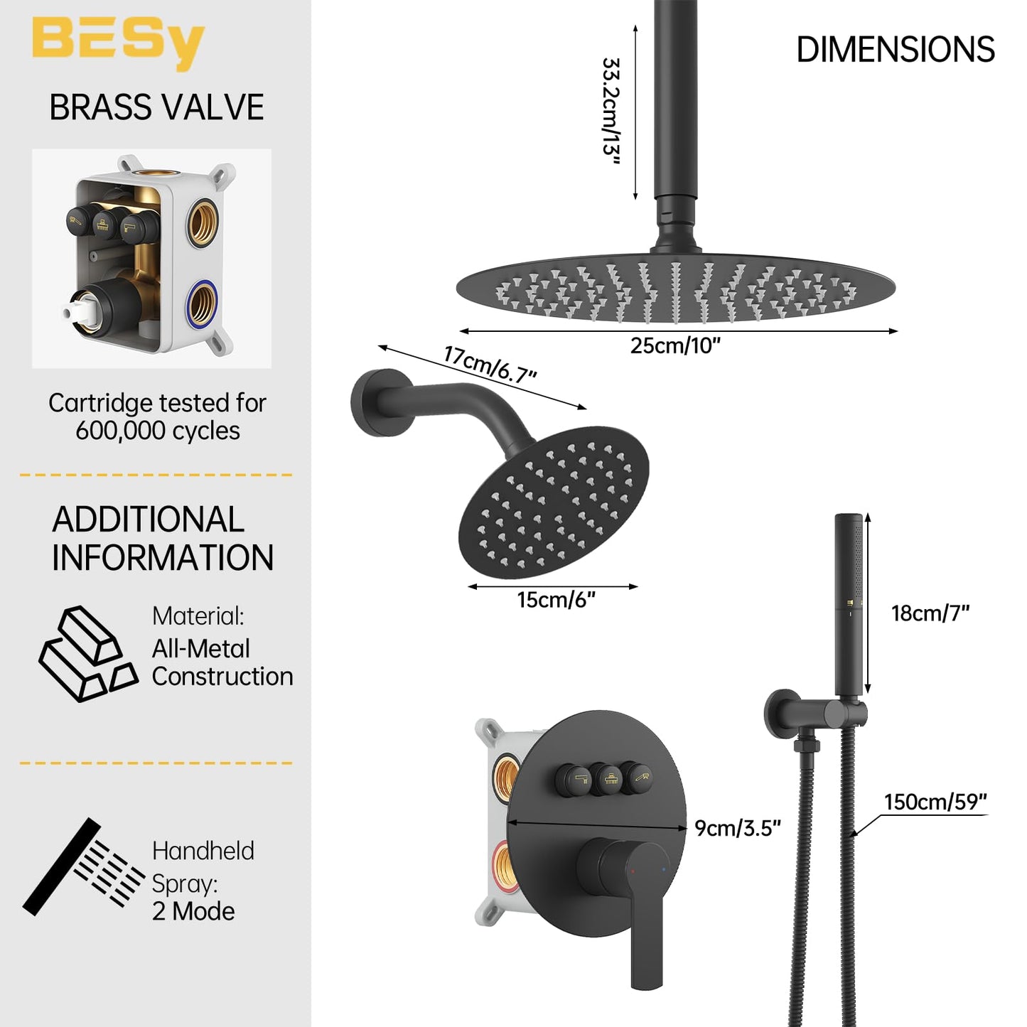BESy Shower Faucet Set 10 Inch Round Ceiling Mount Rainfall Shower System with 6 Inch Wall Mount Dual Rain Shower Head Push Button Diverter with 2 in 1 Handheld Showerhead for Bathroom Matte Black