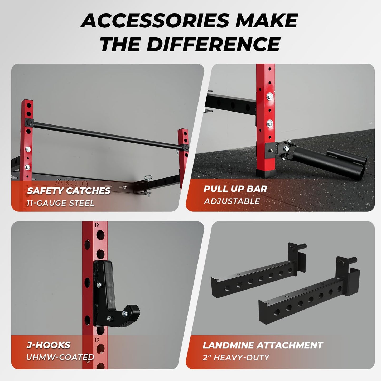 Mikolo 2" x 2" Folding Wall Mounted Squat Rack, 1000 Pounds Capacity Power Rack with Safety Catches, Pull Up Bar, J Hooks and Landmine Attachment, Space-Saving Home Gym(Red