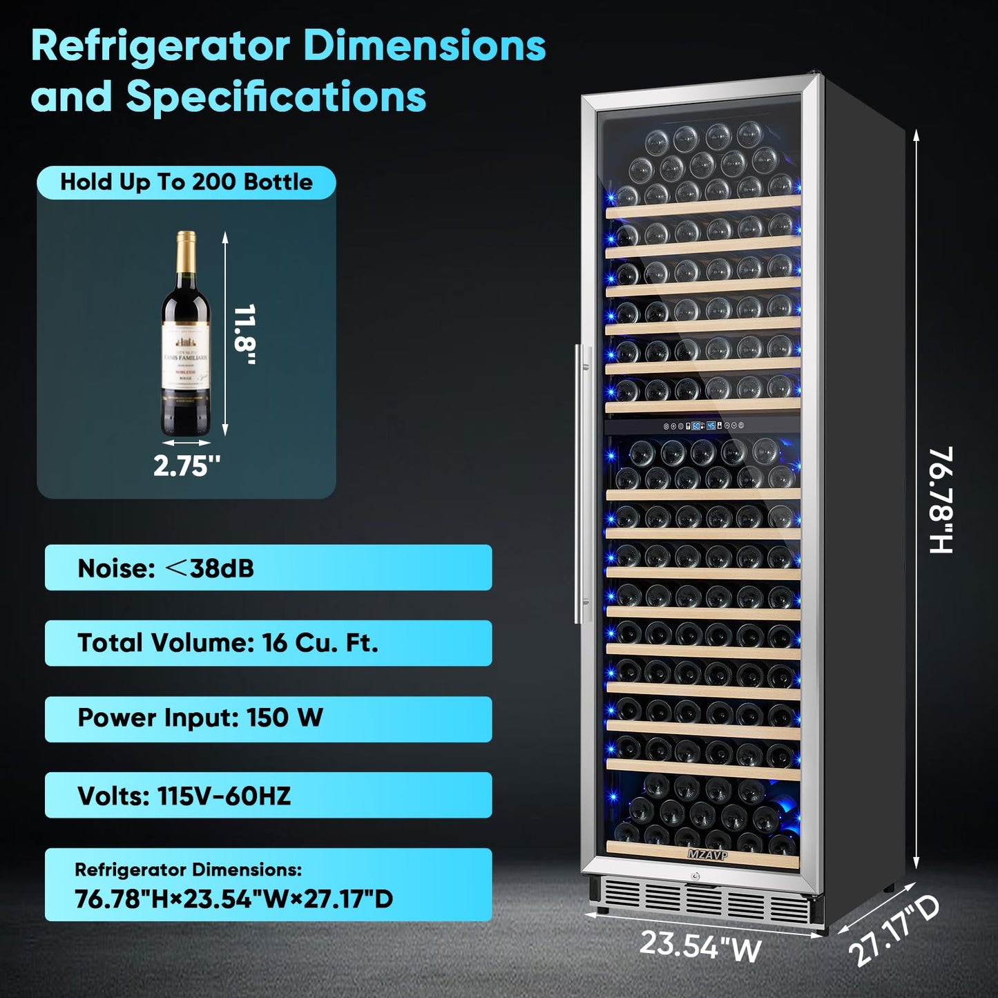 MZAVP 200 Bottle Wine Fridge Dual Zone, 24 Inch Wine Cooler Refrigerator Freestanding or Built-in, Professional Wine Cellar with Advanced Temperature Control and Compressor Cooling, Quiet Operation